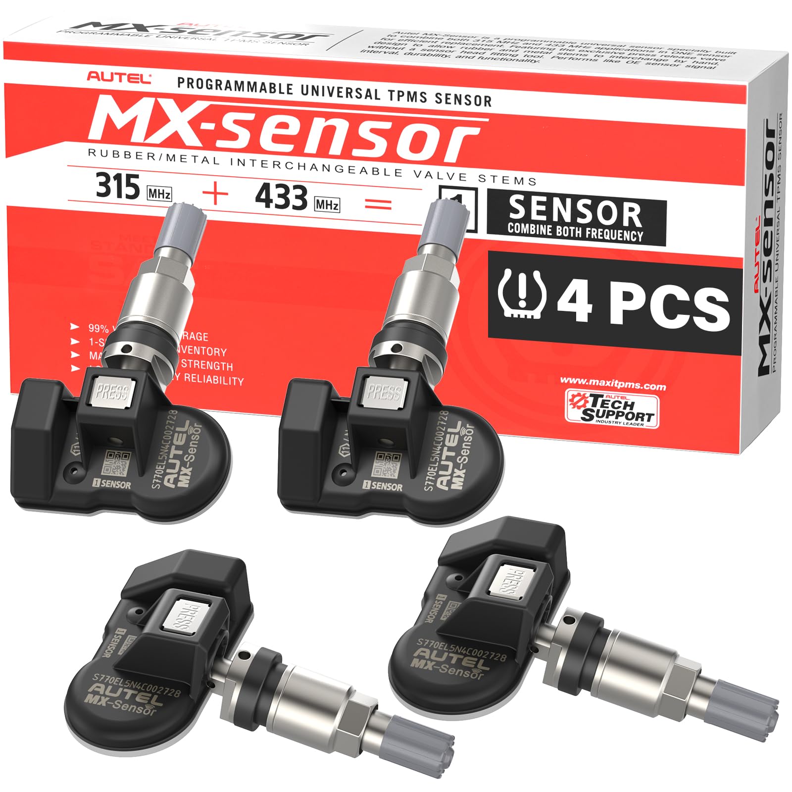 Autel TPMS Sensor Set of 4, 2in 1MX-Sensor 315MHz + 433MHz Dual Frequency, 100% Programmable Replace OEM Sensor, Work with Autel