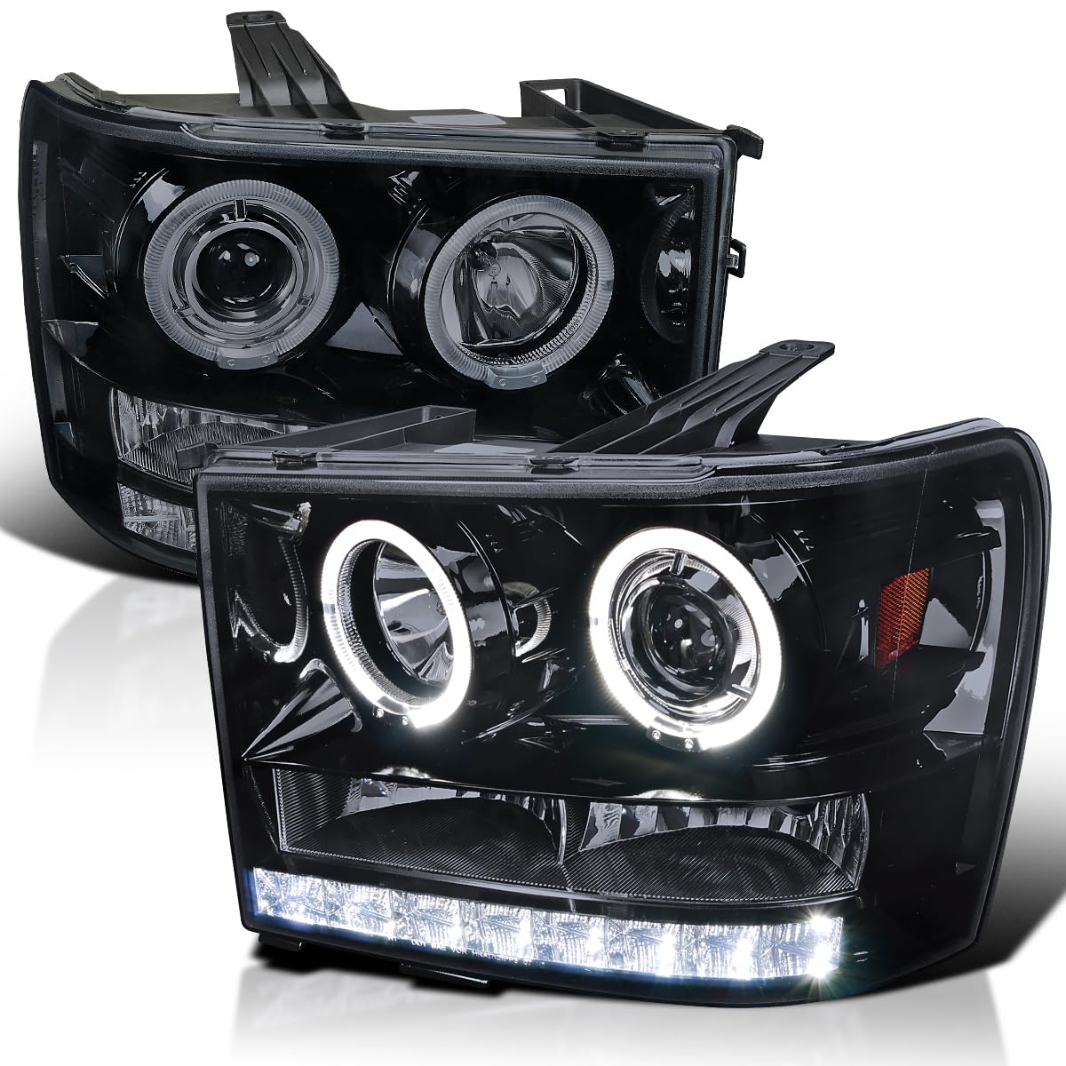 Spec-D Tuning Led Dual Halo Glossy Black Housing Smoke Lens Projector Headlights Compatible With 2007-2013 Gmc Sierra Models 1500/1500Hd/2500Hd/3500Hd Left + Right Pair Headlamps Assembly