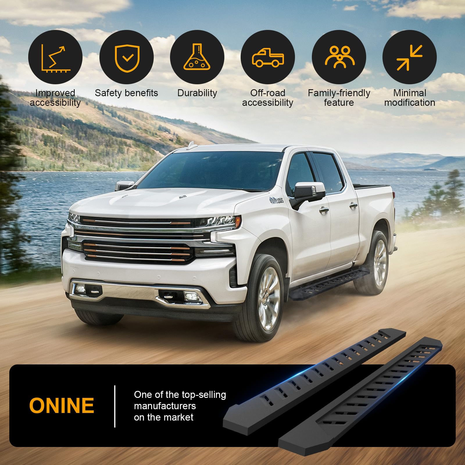 ONINE Clutch Running Boards 7" Wide Texture Black for 2019-2024 Chevy Silverado/GMC Sierra 1500 & 2020-2024 2500/3500 Crew