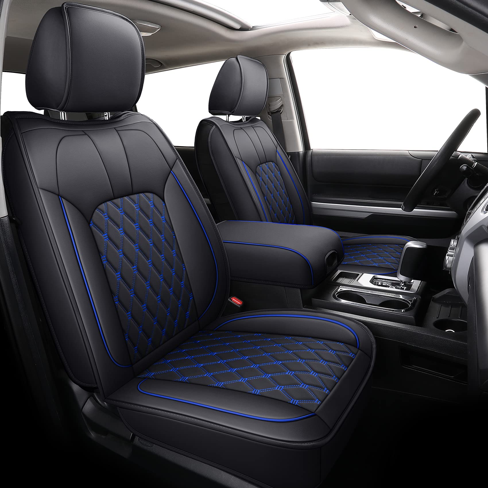 Luckyman Club 2007-2021 Tundra Pickup Trucks Car Seat Covers X05-T3 Full Set, Fit Sr5 Sr Platinum Trd Pro Trims Crew/Crewmax/Extended/Double Cab With Water Proof Faux Leather (Black&Blue Full Set)