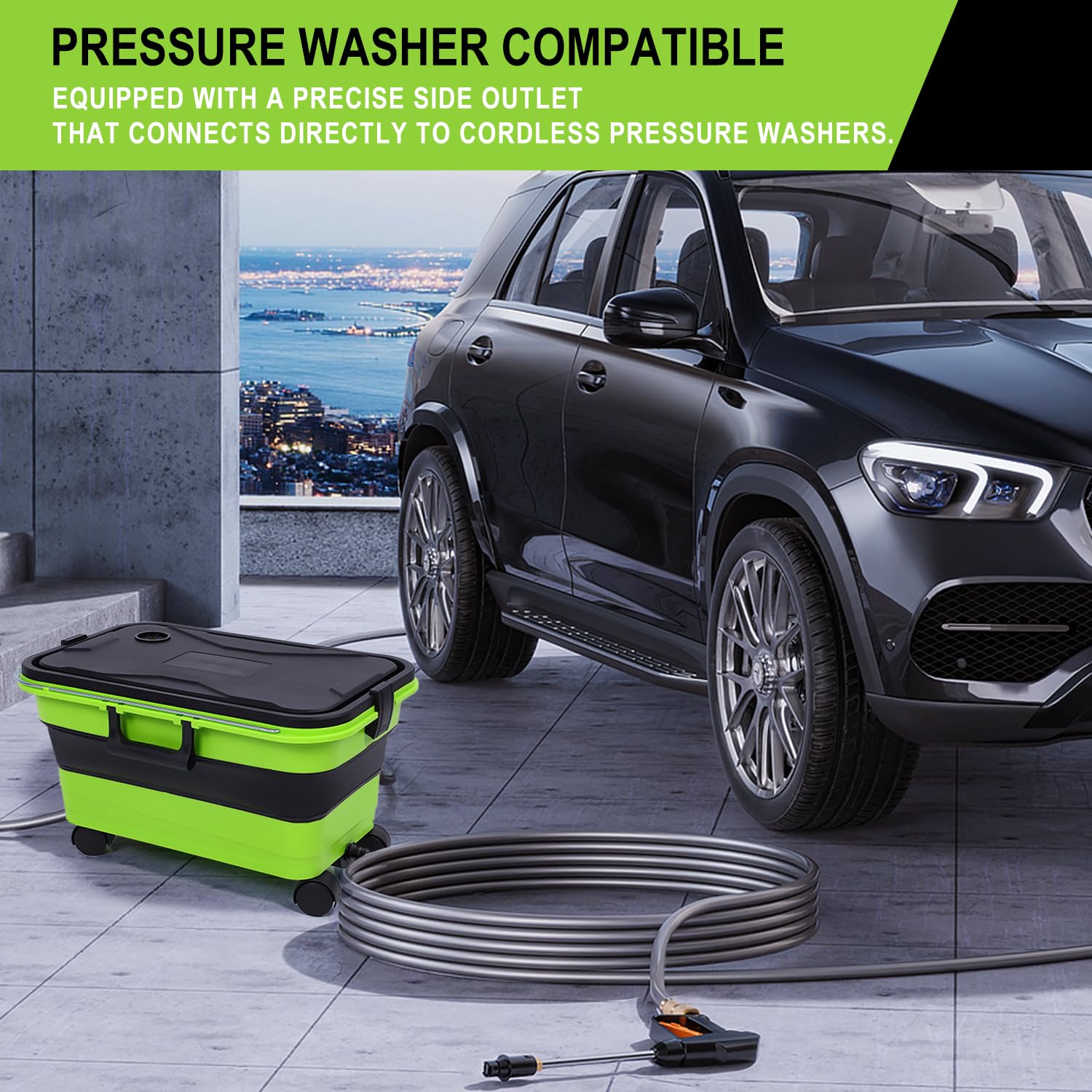 Newmkr Collapsible Bucket 5.5 Gallon with Wheels & Handle, 2-in-1 Foldable Car Wash Bucket with Drain Plug for Pressure Washer,