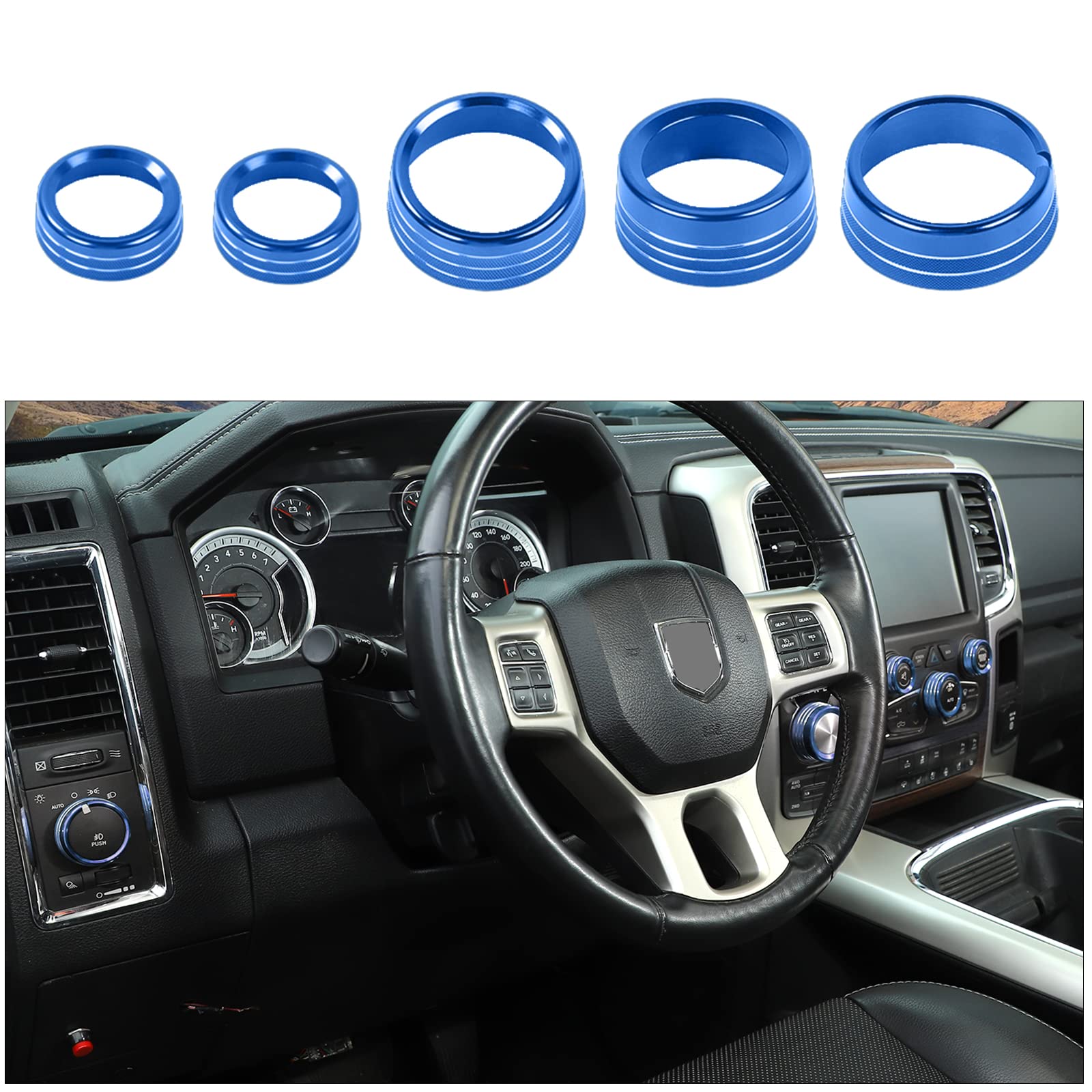 Voodonala for Dodge RAM Air Conditioner Headlight Switch CD Knob Trim for 2013-2017 Dodge RAM Aluminum 5pcs Blue