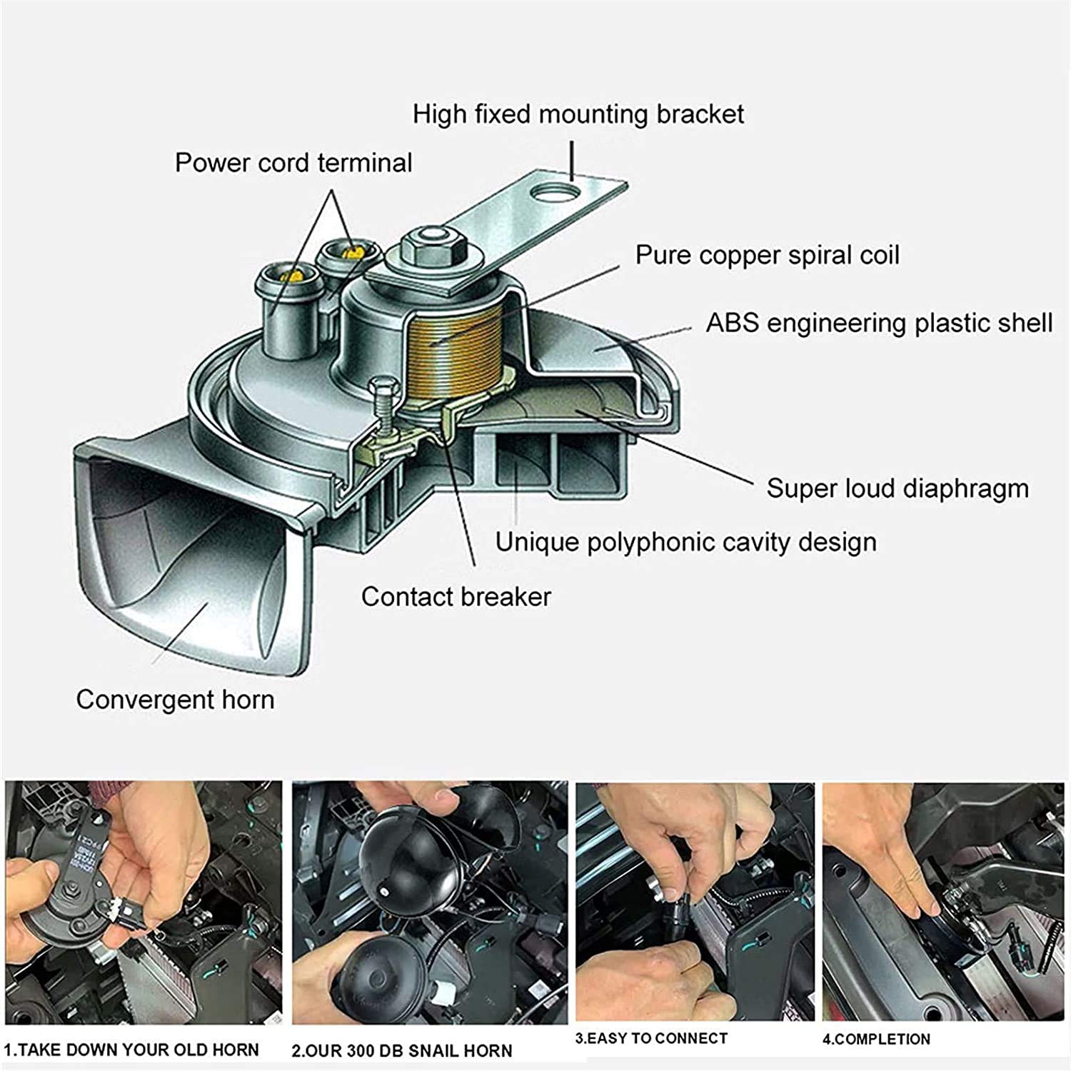 NUENUN 4 pcs 300DB Super Loud Train Horn for Truck Train Boat Car Air Electric Snail Single Horn, 12v Waterproof Double Horn Rag