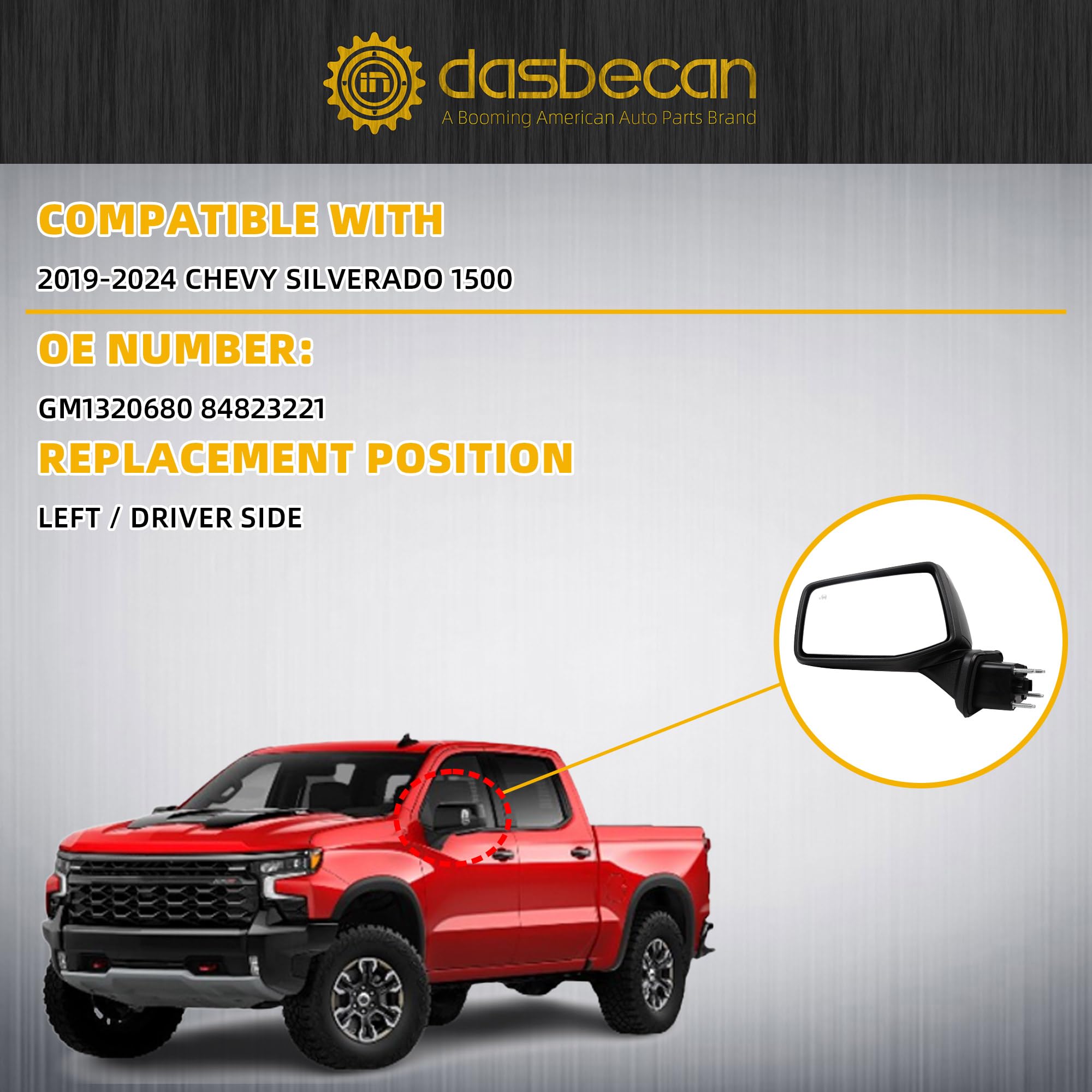 Dasbecan Left Driver Side Mirror Compatible with 2019-2024 Chevy Silverado 1500 With Power Glass/Manual Folding/LED Turn signal/