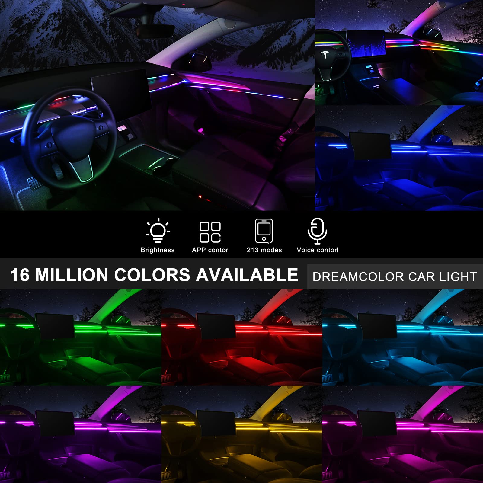 Dreamcolor Acrylic Interior Car Led Strip Light With Wireless App, Rgb 22 In 1 With 175 Inches 593 Leds Fiber Optic Ambient Ligh