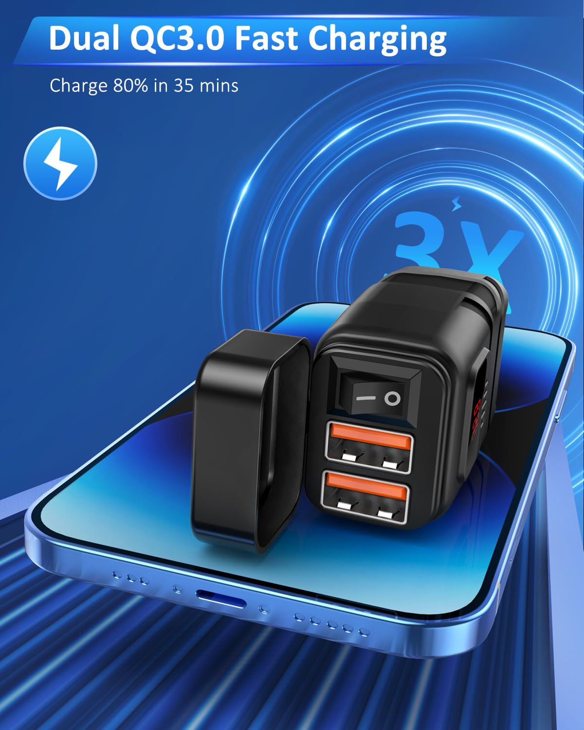 RANDPOW Motorcycle Phone Charger, Quick Charge 3.0 6.8A Dual Port Motorcycle USB Charger with ON/Off Switch, Waterproof Quick Di