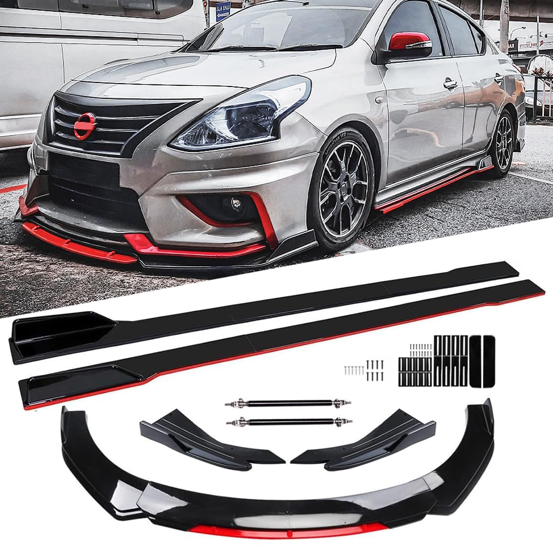 Evargc Black & Red Universal 69 - 73 Adjustable Car Front Bumper Lip Splitter Chin Spoiler Body Kit with 86.6 Side Skirt E
