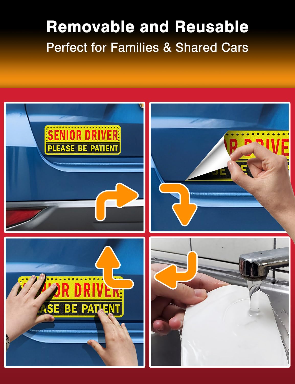 5 Reusable Senior Driver Stickers (Non-Magnetic) - Reflective Please Be Patient Decals For Elderly Drivers - Paint-Safe, Residue