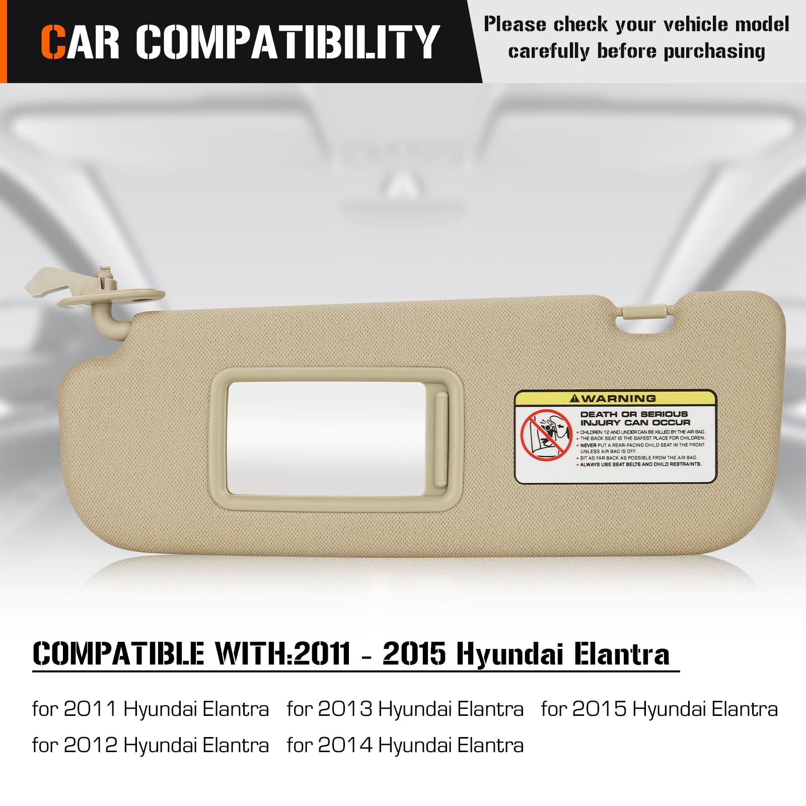 Left & Right Sun Visor for 2011-2015 Hyundai Elantra, Driver & Passenger Side Gray Sunvisor Replacement 852103X000TX 852203X000T