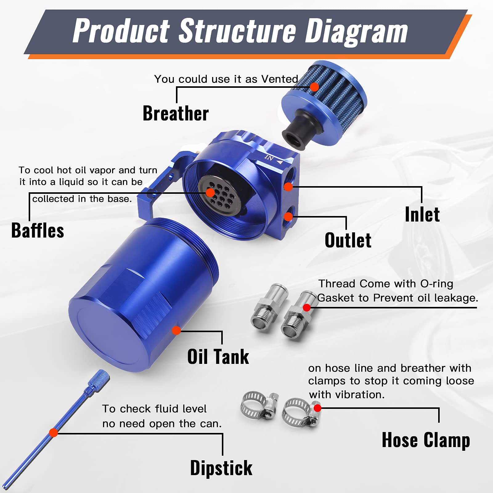 Muge Racing Universal Oil Catch Can Tank Kit Polish Baffled Reservoir With Breather Filter With 3/8'' Fuel Line, Aluminum, Blue,