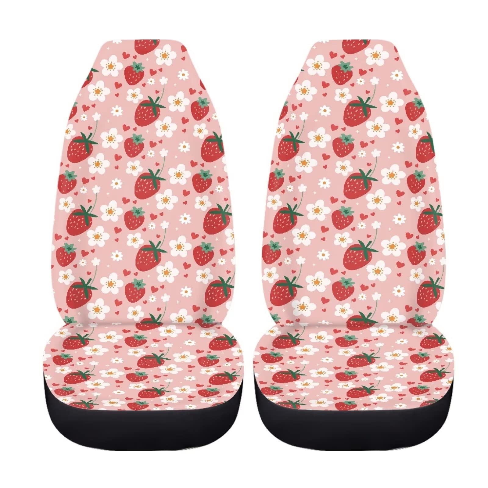 Fuibeng 2 Pcs Strawberry Car Seat Covers Set Pink Heart Daisy Strawberry Auto Front Seat Cushion Breathable Vehicle Bucket Seat