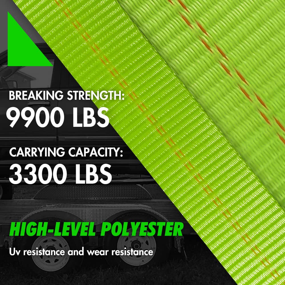 Digank Car Tie Down Straps - 4 Pack Adjustable 2"x96" Green, 3,300lb Load, High-Level Polyester, Model DK-CTDWFH-Y-G