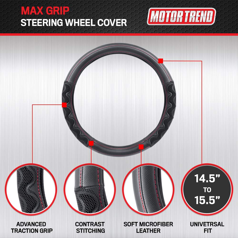 Motor Trend MaxGrip Black Steering Wheel Cover, Standard 15 inch Size, Advanced Breathable Traction Grip, Car Steering Wheel Cov