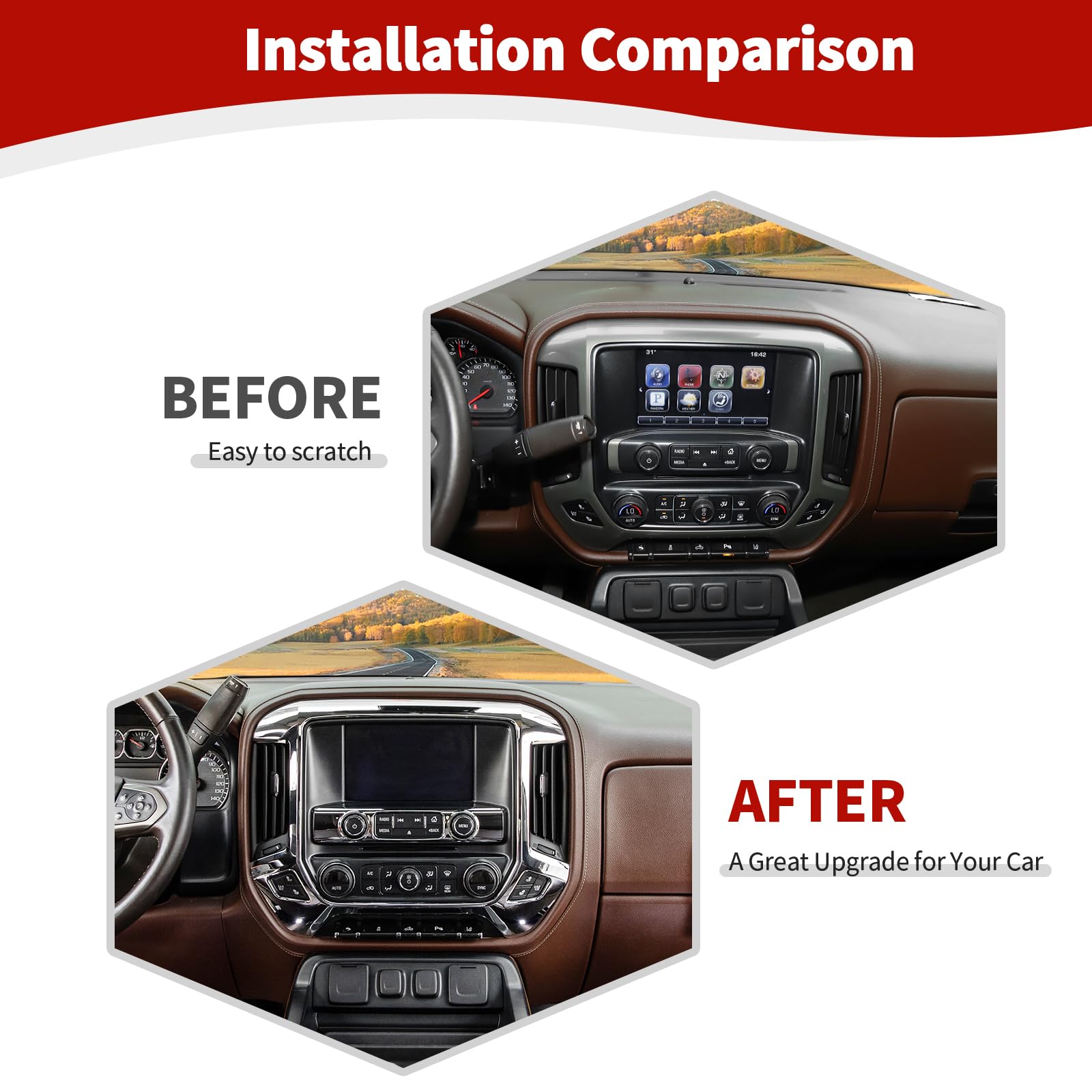 RT-TCZ for Silverado Dashboard Panel Trim Cover Chrome Bezel for GMC Sierra Chevy Silverado 2014-2017 Silver Chrome Interior Accessories 4pcs