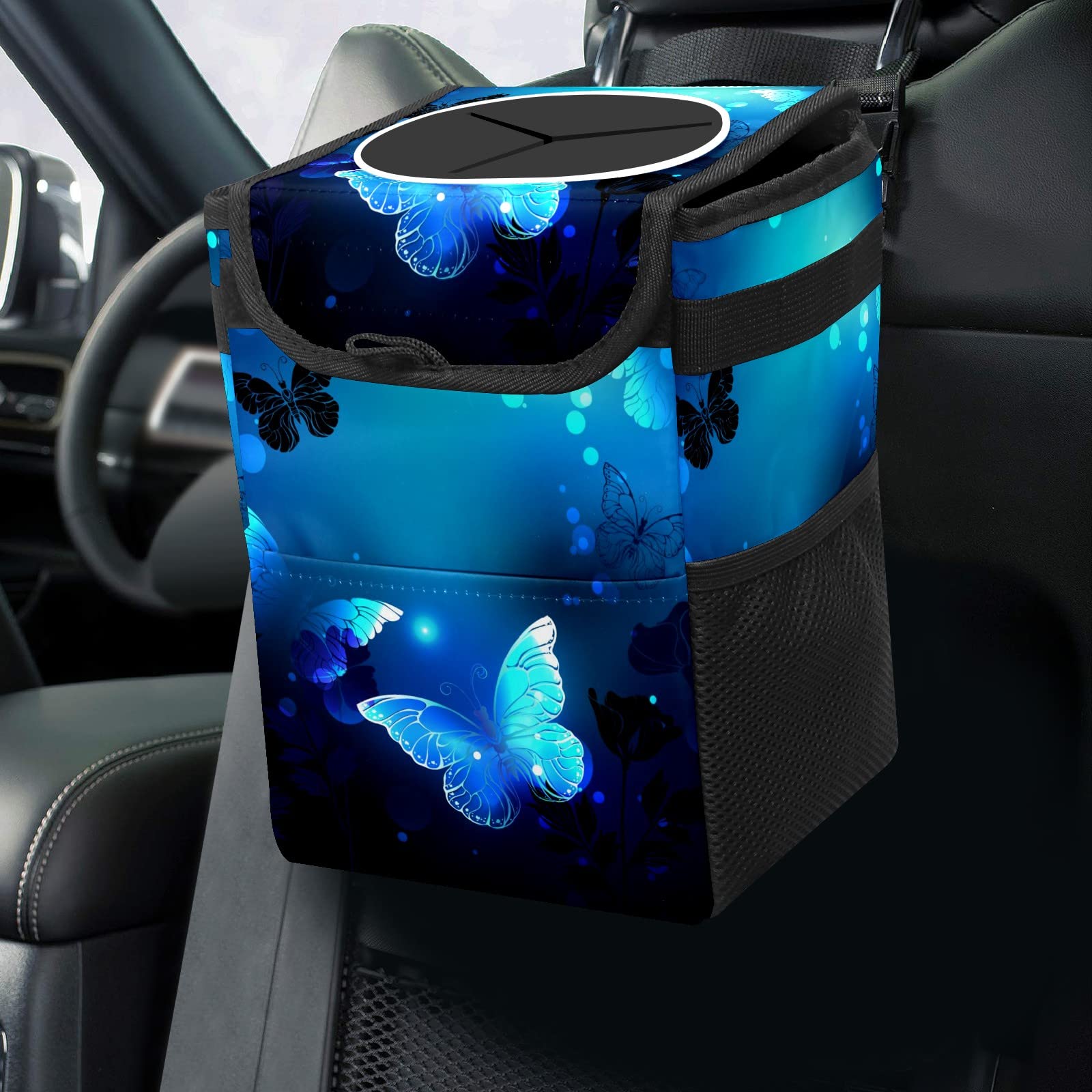 Blue Butterfly Glowing Car Trash Can with Lid, Collapsible Reusable Waterproof Garbage Can, Car Accessories Interior Organizer
