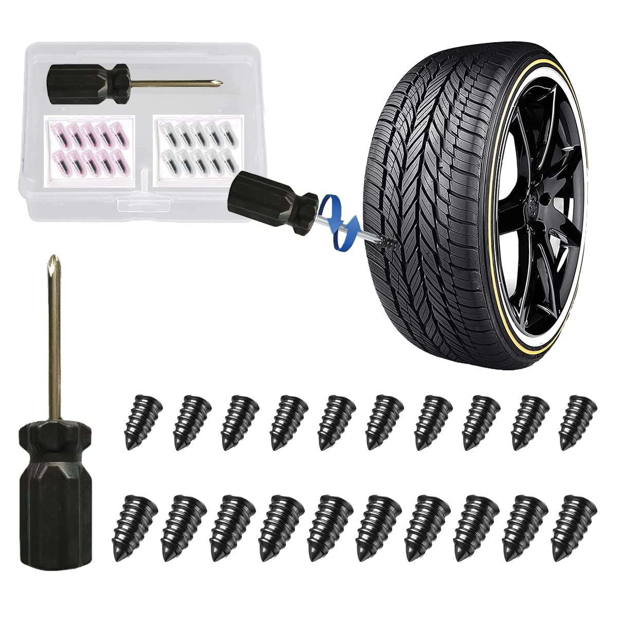 GradCap 20pcs Tyre Repair Kit, Tire Rubber Nails Tool, Self-Service Car Wheel Puncture Repair Screws with Screwdriver Set for Au