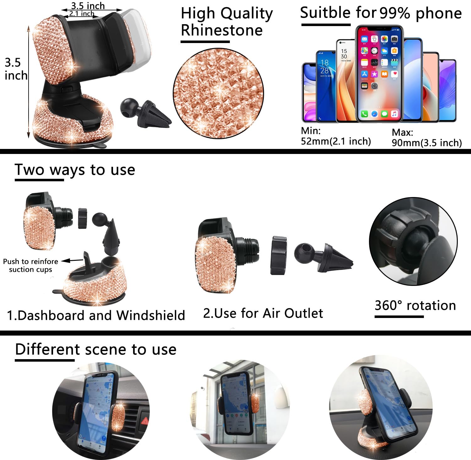 Nbtepem 27 Pcs Gold Champagne Bling Car Accessories Set For Women, Bling Steering Wheel Covers Universal Fit 15 Inch, Bling Lice