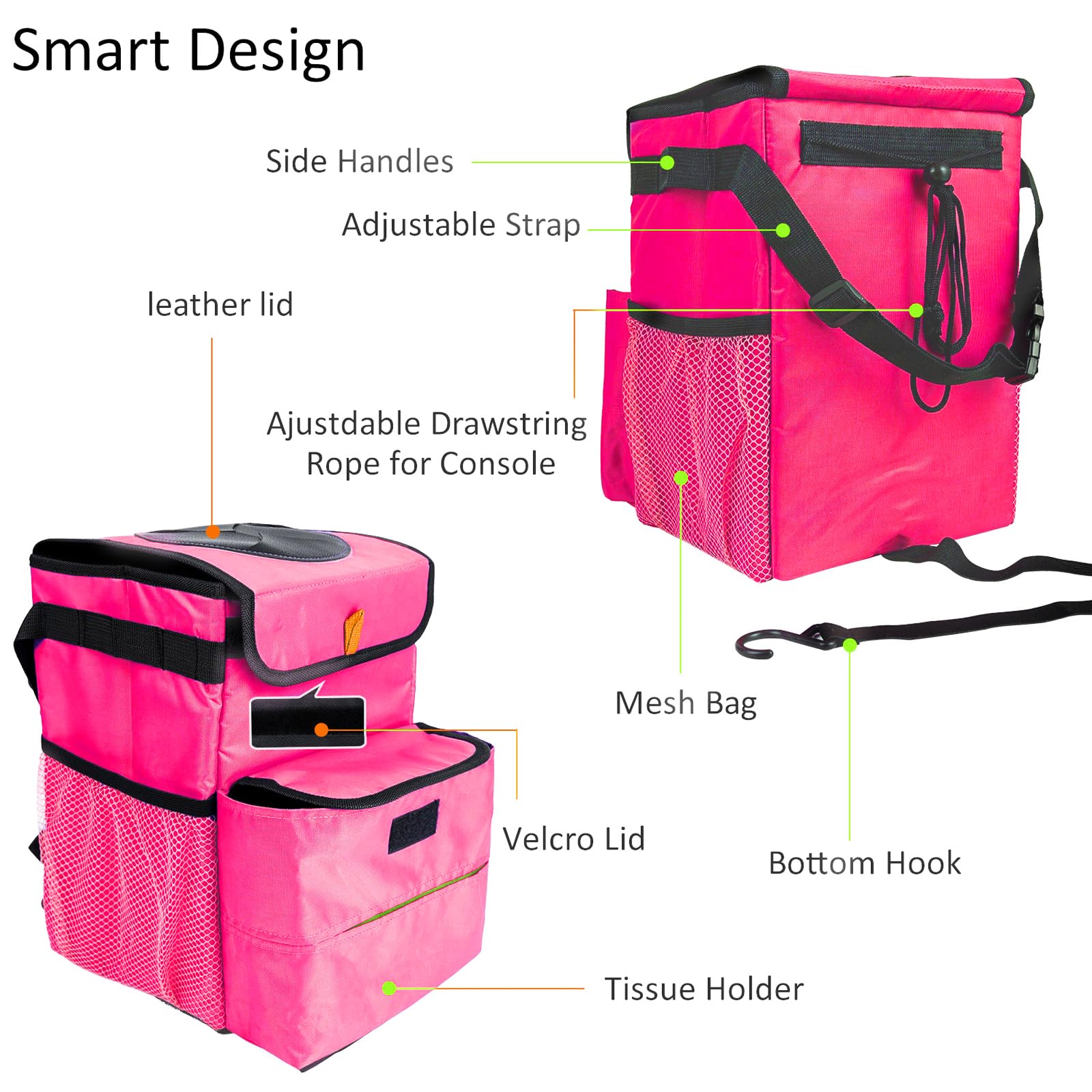 Gpusfak Car Trash Can Foldable Garbage Bin Leakproof 3 Gallons Pink