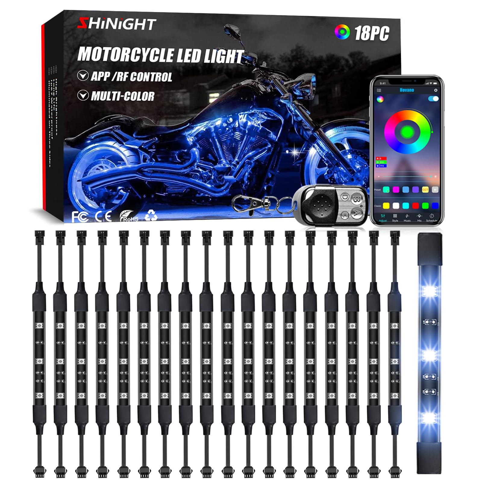 Shinight 18 Pcs Motorcycle Led Light Kits, App Control Multicolor Waterproof Motorcycle Led Strip Lights With Rf Remote, Music S