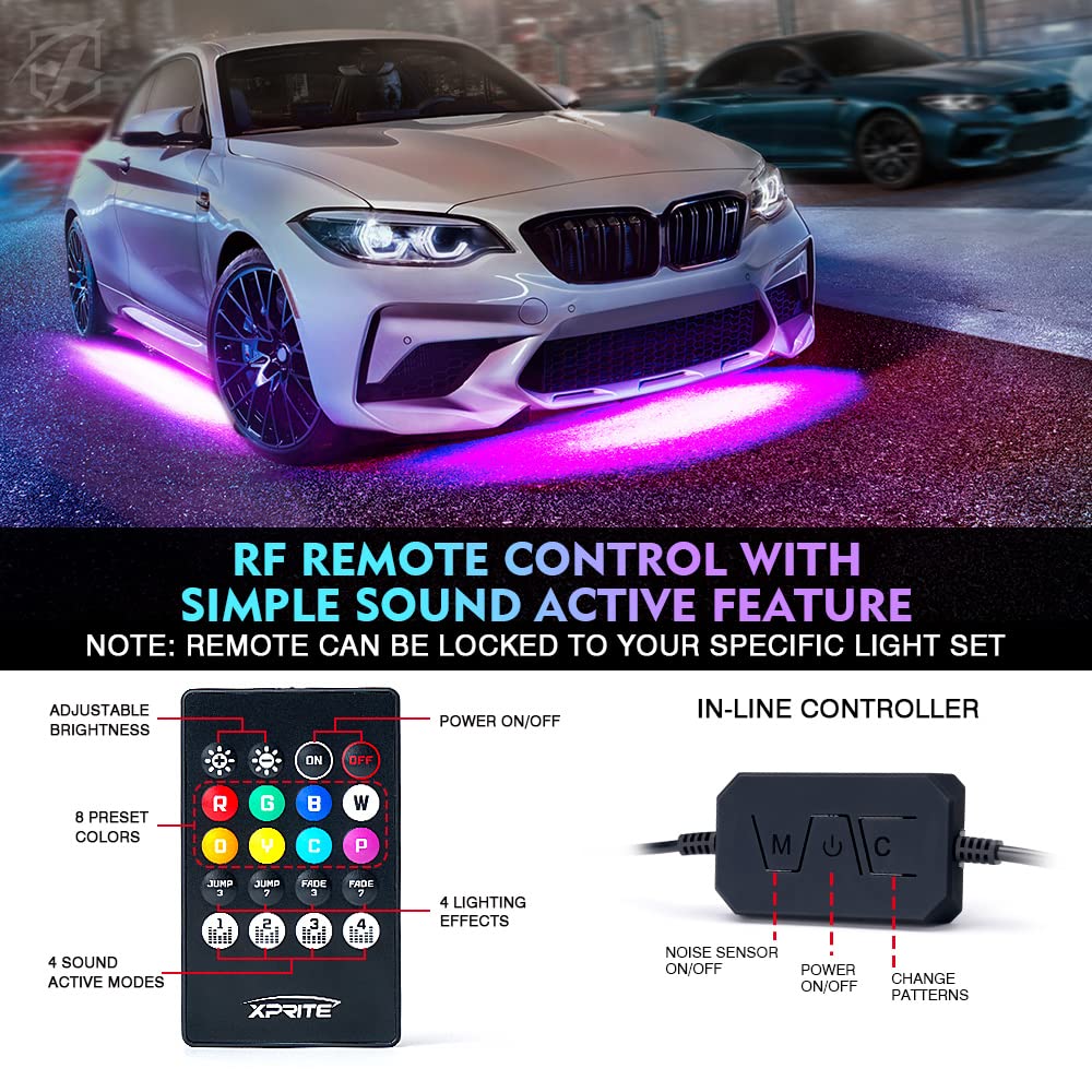 Xprite Double Row Rgb Led Car Underglow Bluetooth Lights Strip, 4 Pcs Underbody Neon Cars Exterior Glow Light Kit W/App Control
