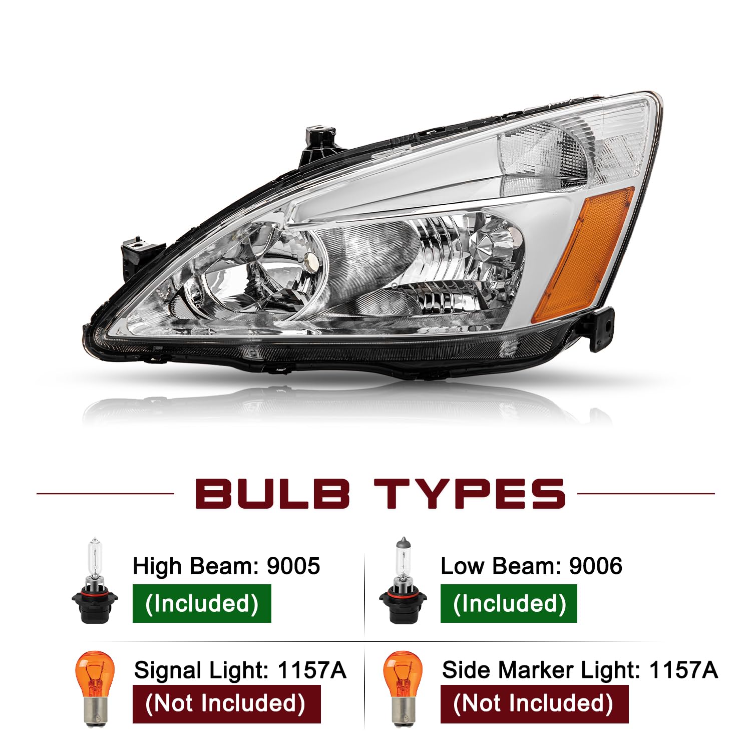 Jsboyat Headlight Assembly Pair For 2003-2007 Honda Accord Halogen Headlamp Chrome Housing With Clear Reflector (Driver & Passen