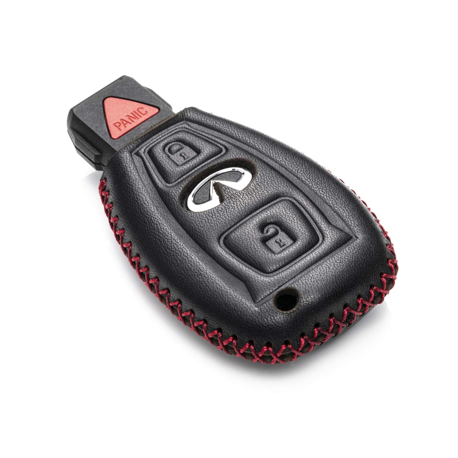 Vitodeco Genuine Leather Smart Key Fob Case Cover Protector with Leather Key Chain for 2017 - 2018 Infiniti QX30 (3-Button, Black/Red)