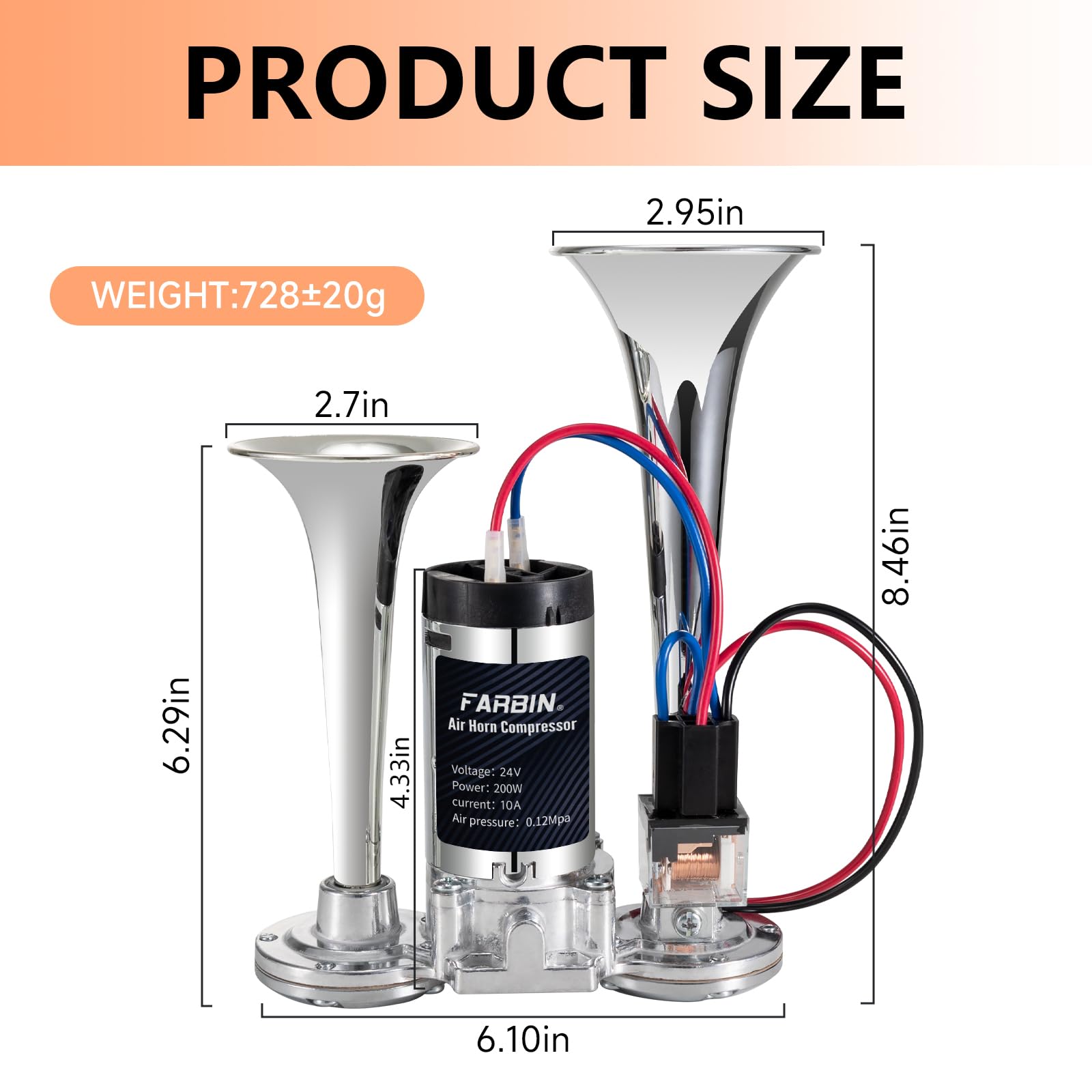 Farbin Air Horn 24V Train Horn Truck Horn With Compressor 24V Airhorns Horns Loud Dual Trumpet Chrome Plating For Any 24V Vehicl