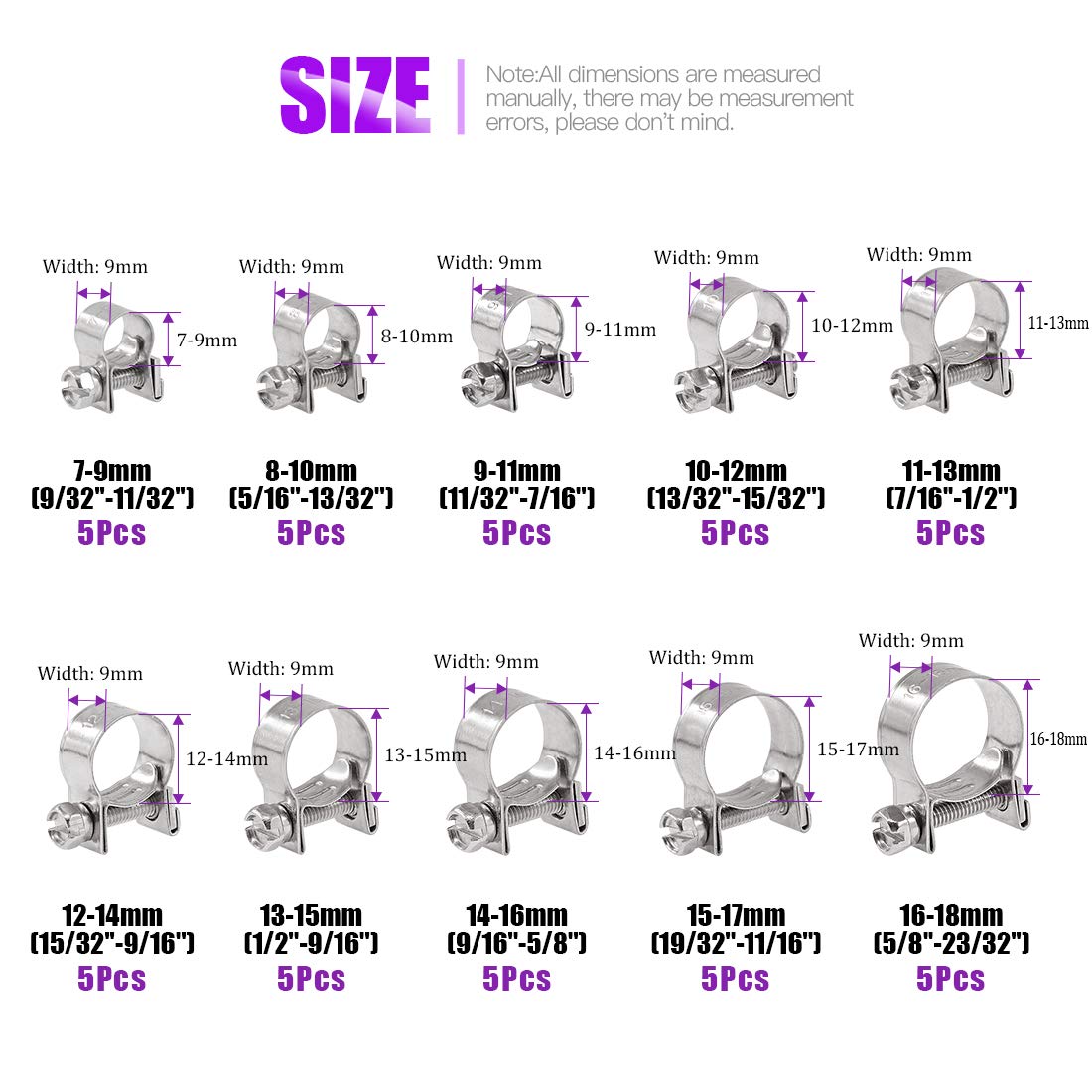 Swpeet 50Pcs 10 Sizes 304 Stainless Steel Mini Fuel Injection Line Style Hose Clamp Assortment Kit Perfect For Automotive, Agric