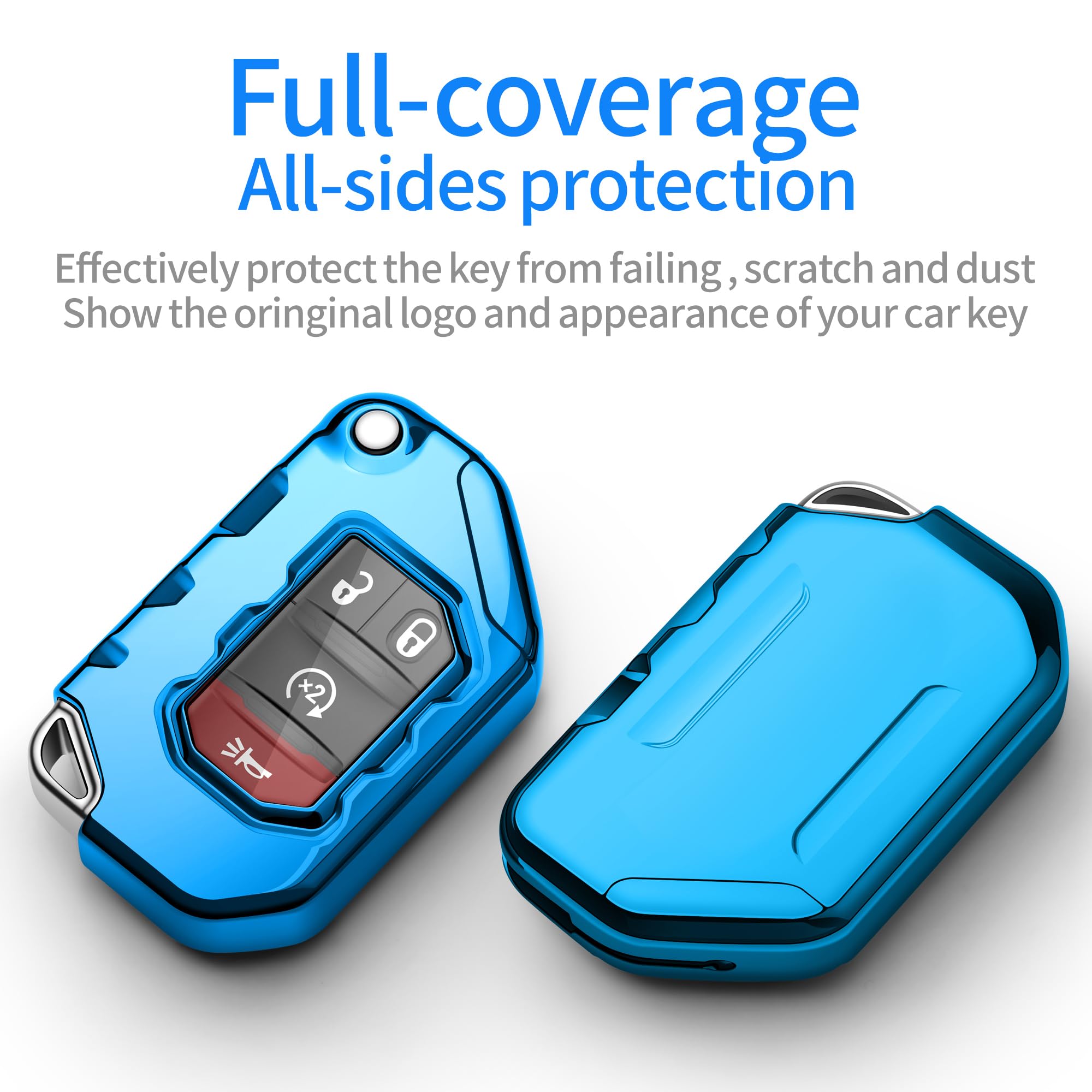 Tukellen For Jeep Key Fob Cover Premium Soft Full Protection Key Shell Key Case Compatible With Jeep 2020 2021 Gladiator Jt Sahara Jlu 2018-2021 Jeep Wrangler Jl Jlu Rubicon(Blue)