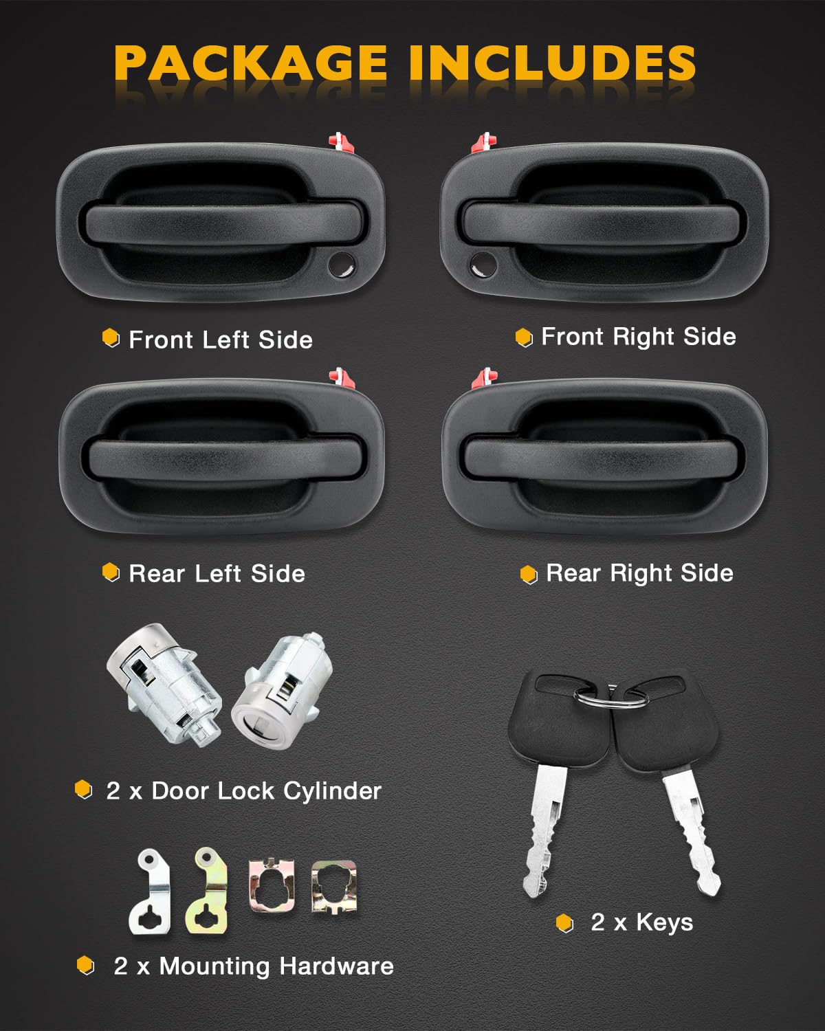 Exterior Door Handle Set (4Pcs), W/Lock Cylinders & Keys, For 1999-2007 Chevy Silverado Suburban Tahoe Avalanche Gmc Sierra Yuko