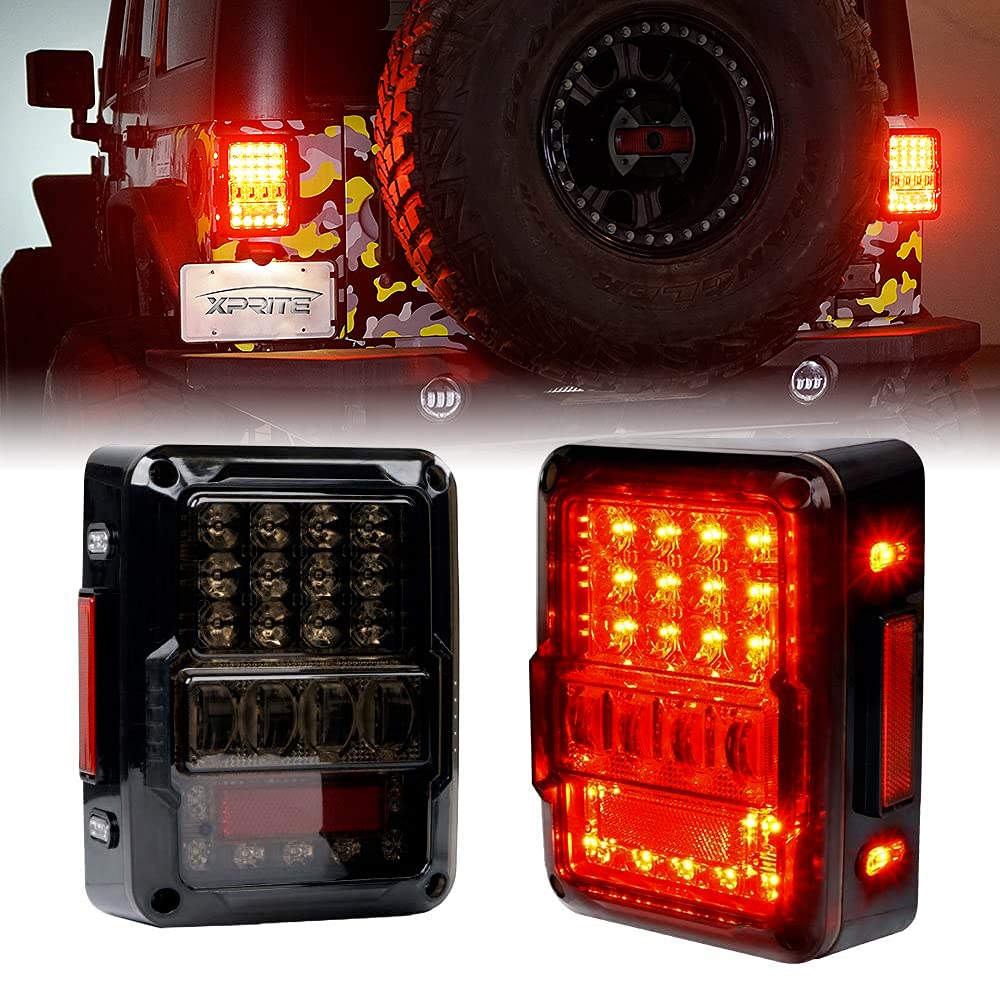 Xprite Smoked Lens 4D Led Tail Lights Compatible With Jeep Wrangler Jk/Jku 07-18 | Plug & Play, Resistor | Brake Signal, Reverse