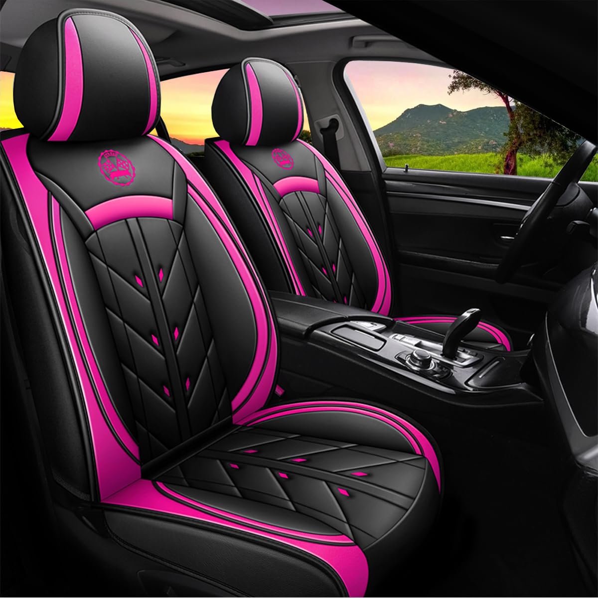 YXQYOEOSO Comfortable Leather Auto Car Seat Covers 5 Seats Full Set Universal Fit (Black & Rose)