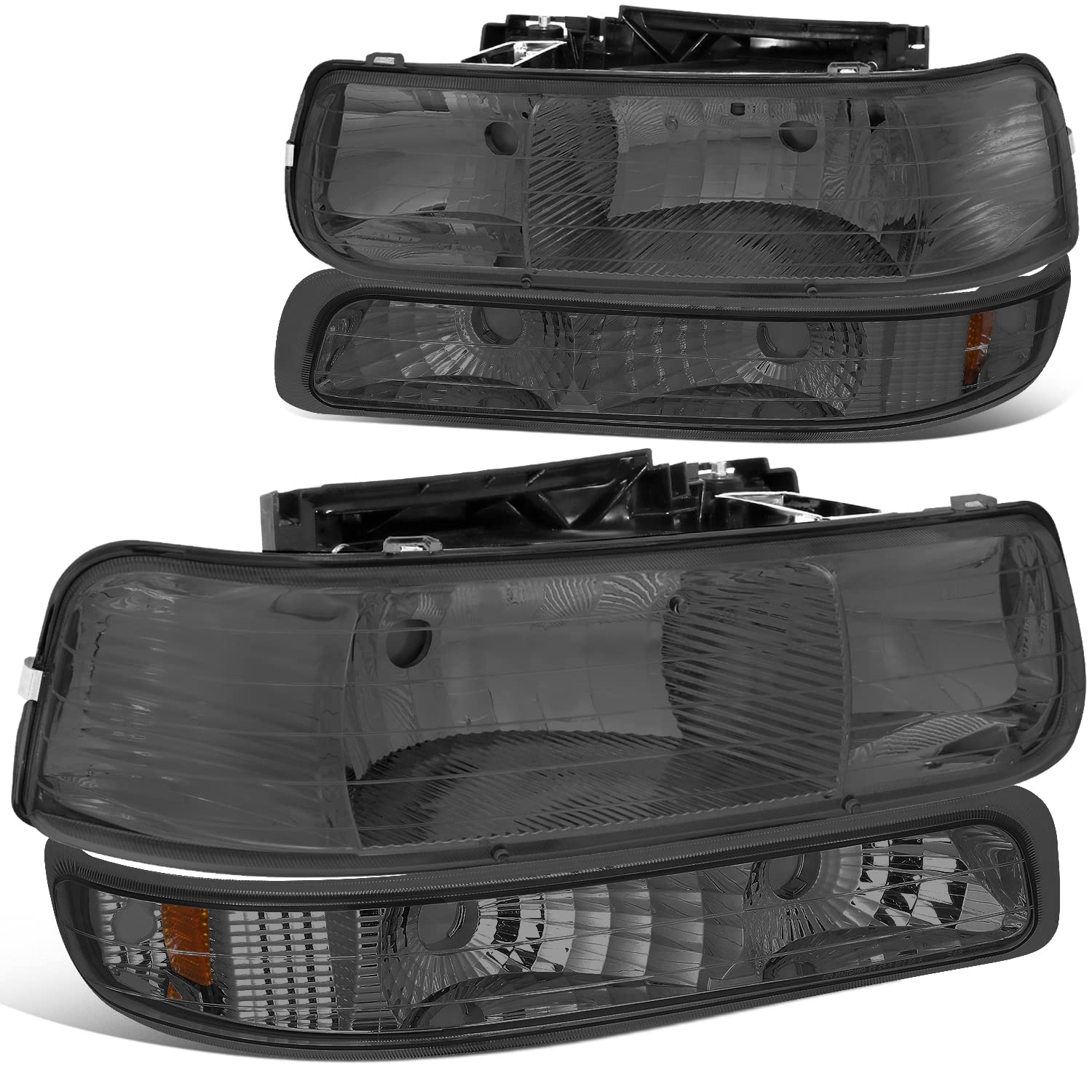 DNA MOTORING HL-OH-CS99-4P-SM-AB Smoke Lens Headlights Compatible with 99-02 Silverado 00-06 Suburban/Tahoe Bottom Bumper Lights