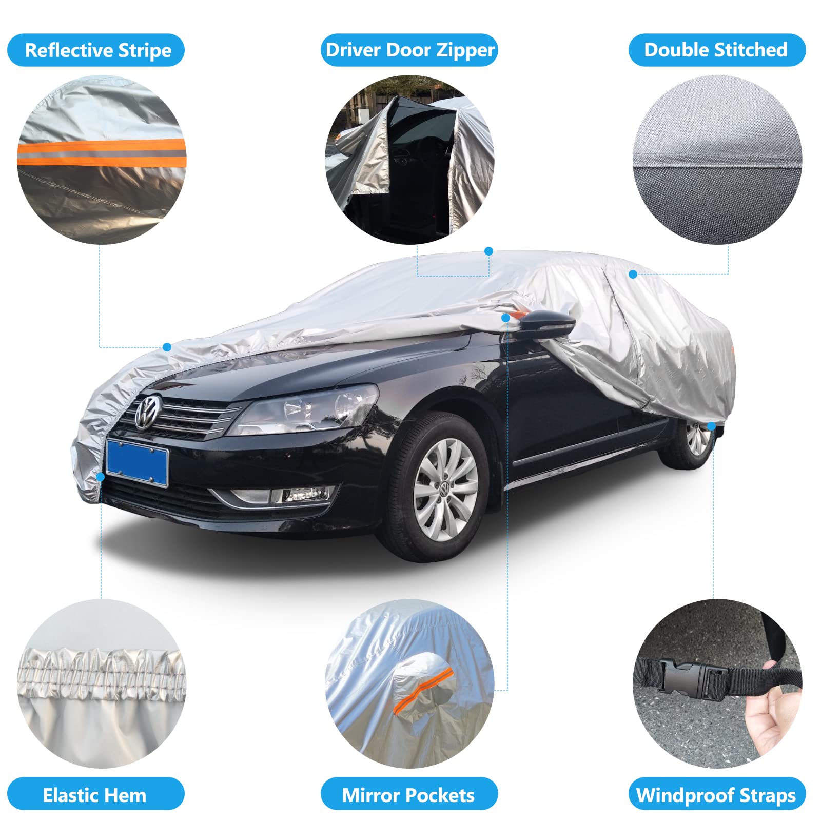 Seazen Car Cover Waterproof All Weather, Full Car Covers Uv Protection/Snowproof/Dustproof, Universal Car Cover 2 Layer With Zip