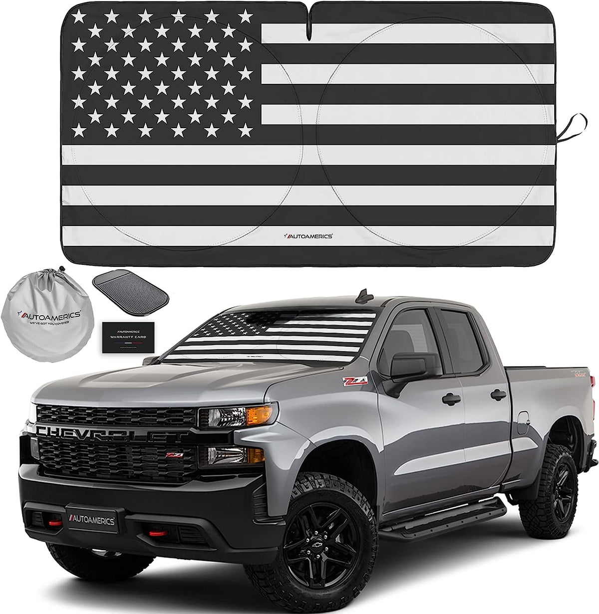 Autoamerics Truck Windshield Sun Shade With Storage Pouch & Anti-Slip Dashboard Pad - Foldable B&W American Flag Design Sunshade
