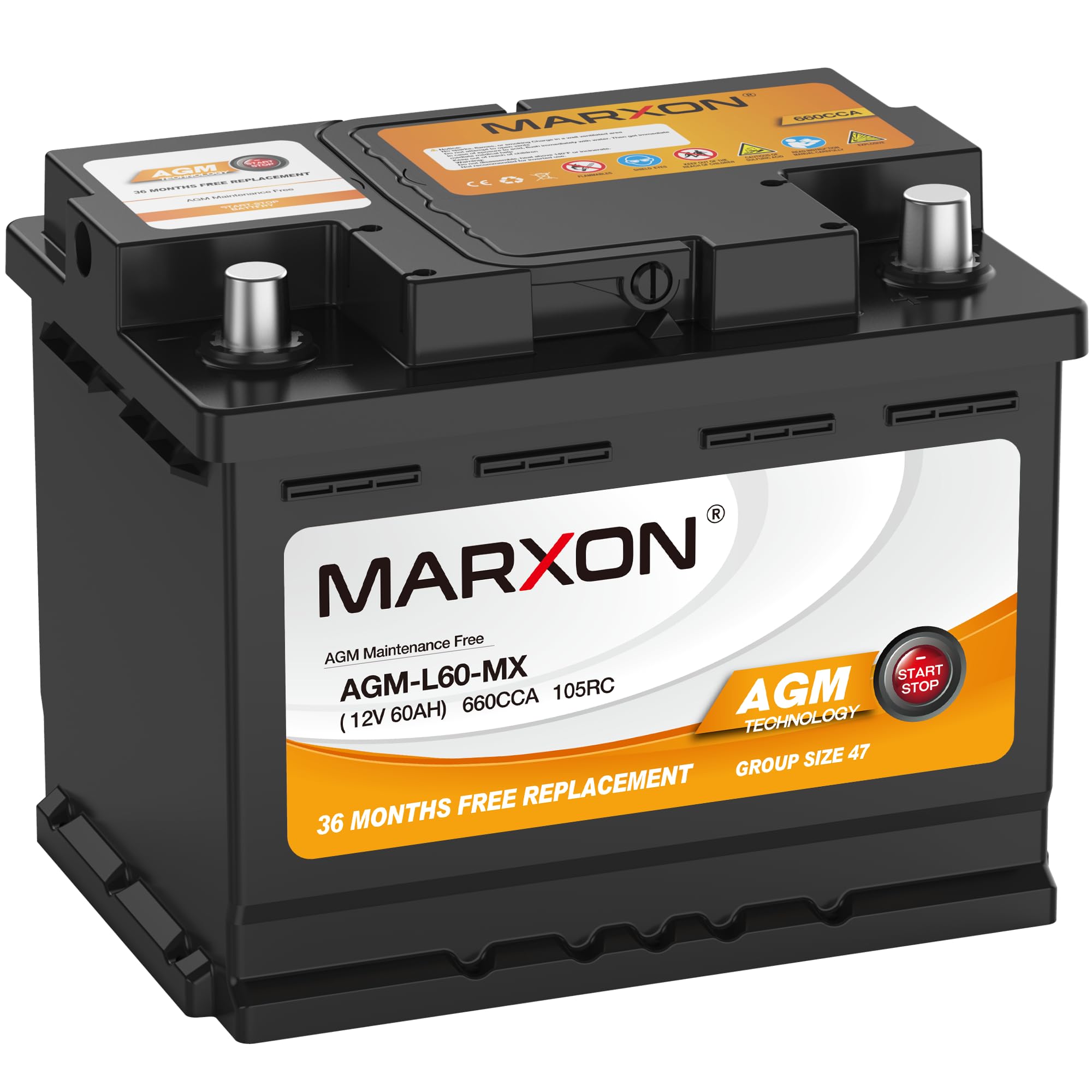 MARXON Group 47 H5 L2 Start and Stop Car Battery 12v 60AH 660CCA AGM BCI47 Maintenance Free Automotive Replacement Batteries