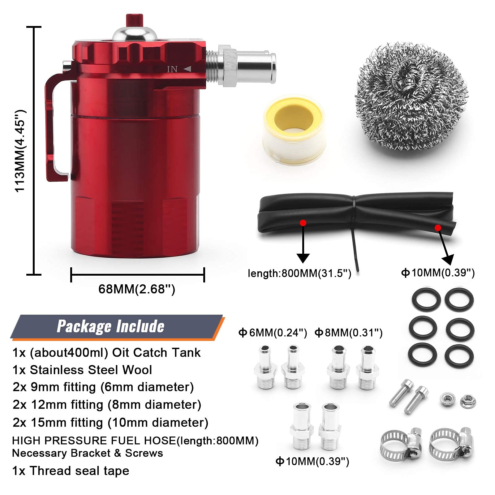 Muge Racing Universal Oil Catch Can Tank Kit Polish Baffled Reservoir With Breather Filter With 3/8'' Fuel Line, Aluminum, Red,