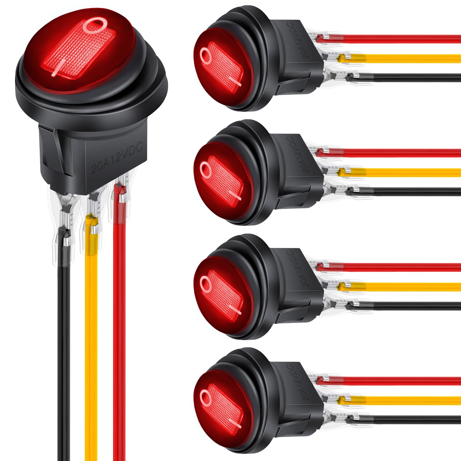 Nilight 5Pcs Waterproof Round Rocker Toggle Red Led Switch 12V 20A 3 Pin On Off Spst For Car Truck Boat Marine Automotive Rv Wit