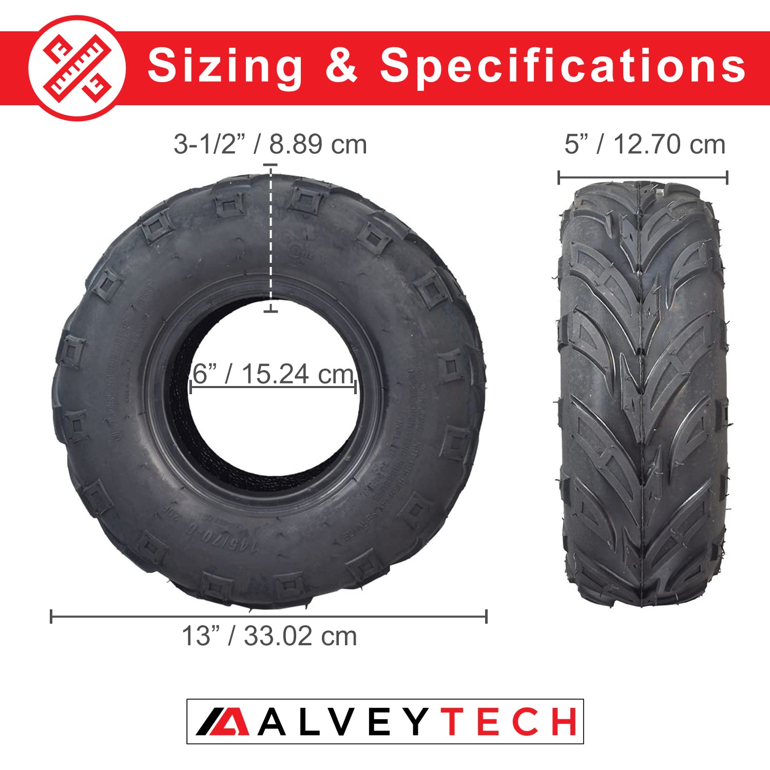 Alveytech 145/70-6 V-Tread Tire - For The Motovox Mbx10, Mbx11, & Mbx12, All Terrain, Rubber Tubeless Tires For Go-Kart, 4X4 Quad, Mini Dirt Bike, Utv, Atv, Lawn Mower And Electric Cart