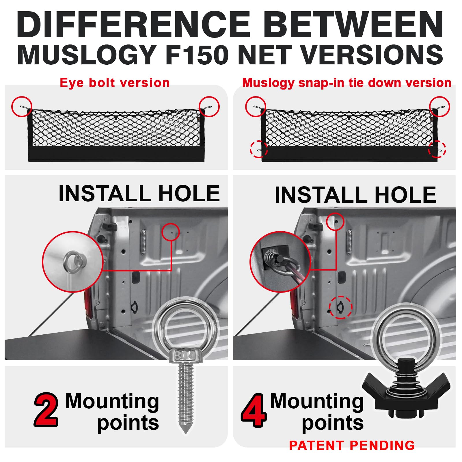 Muslogy Truck Bed Cargo Net Compatible With Ford F-150 & Lightning 2015-2025, Accessories Storage Organizer Pickup Truck Bed Env
