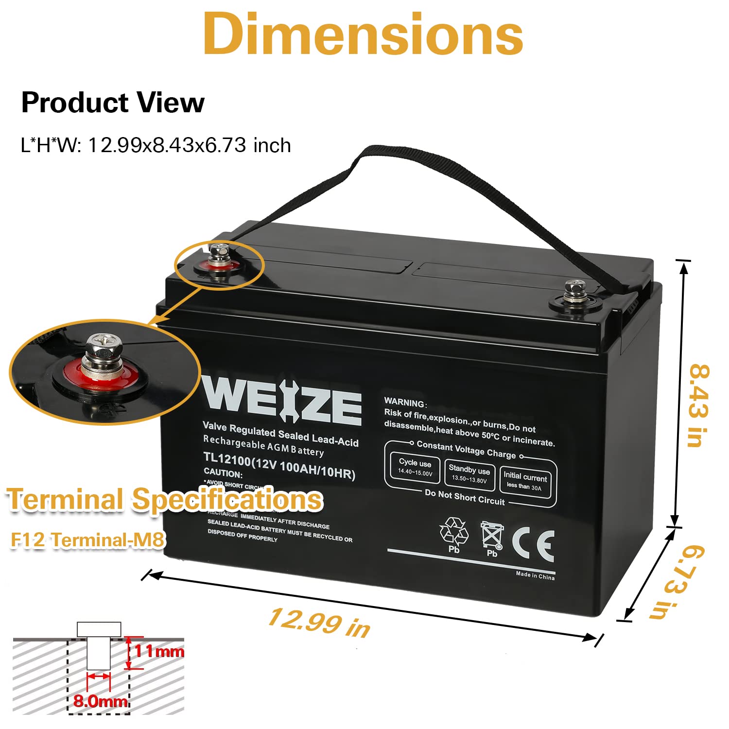 Weize Deep Cycle Agm 12 Volt 100Ah Battery, Maintenance-Free, 3% Self-Discharge Rate, 1150A Max Discharge Current, Perfect For R