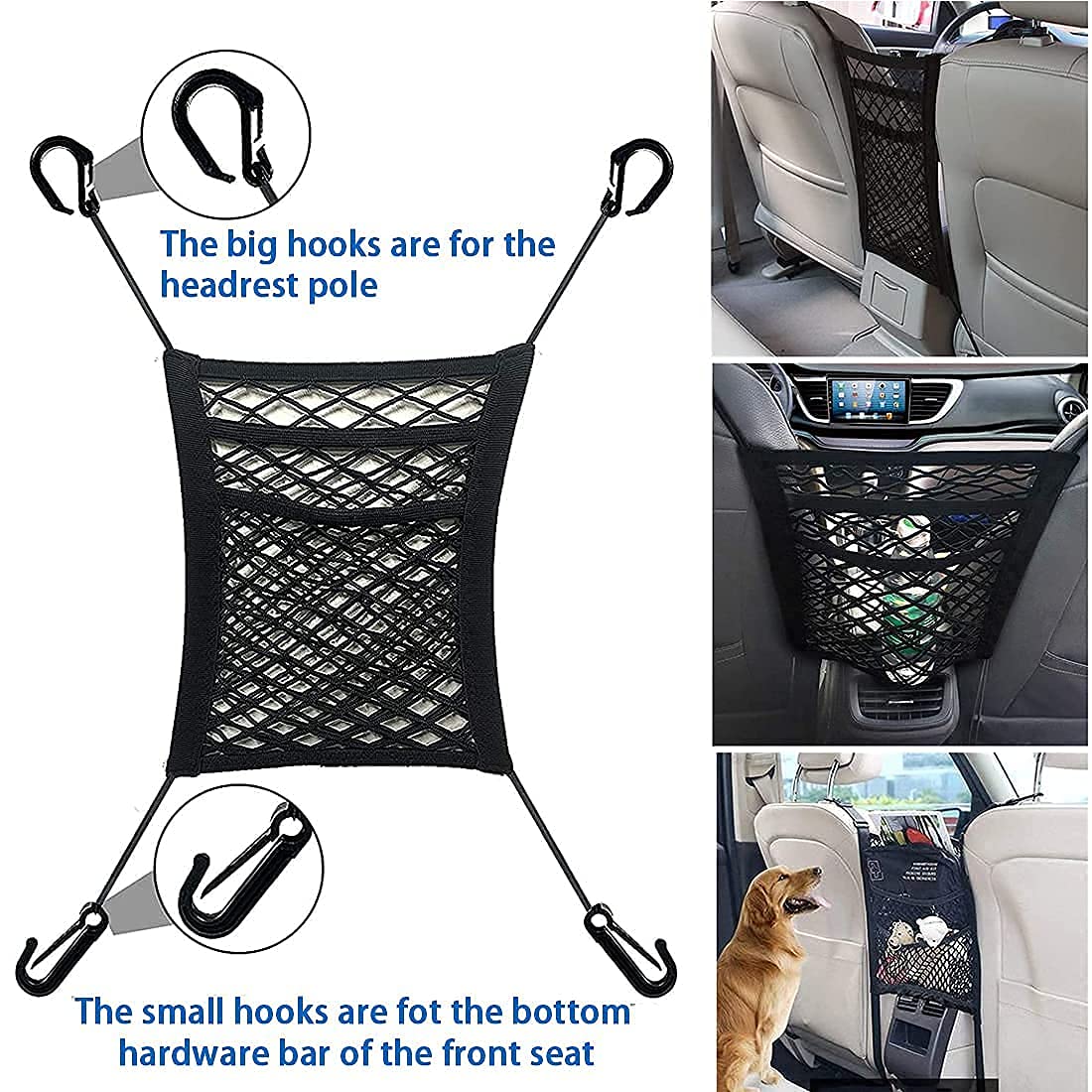 Mbvbn 3-Layer Car Mesh Organizer, Seat Back Net Bag, Barrier Of Backseat Pet Kids, Cargo Tissue Purse Holder, Driver Storage Net