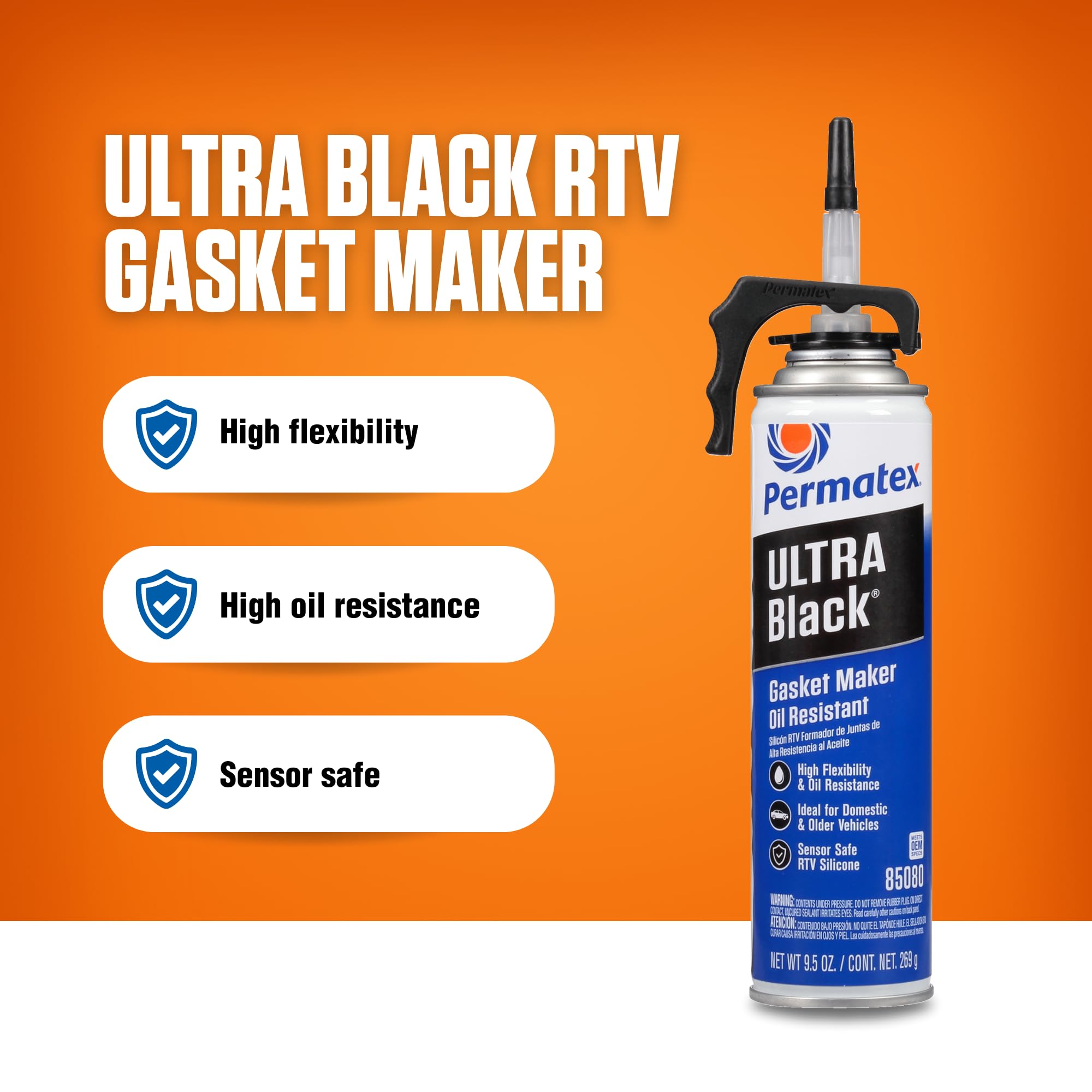 Permatex 85080 Ultra Black Maximum Oil Resistance Rtv Silicone Gasket Maker, Sensor Safe And Non-Corrosive, For High Flex And Oil Resistant Applications 9.5 Oz