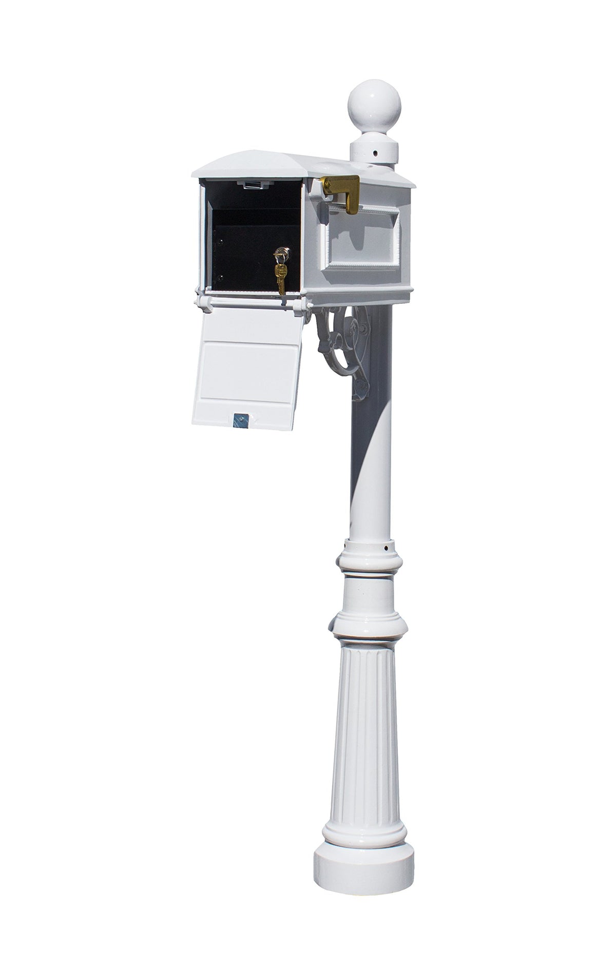 Qualarc LML-804-WH Lewiston Rust Free Cast Aluminum Locking Mailbox System with Post, Decorative Ball Finial & Fluted Base, White