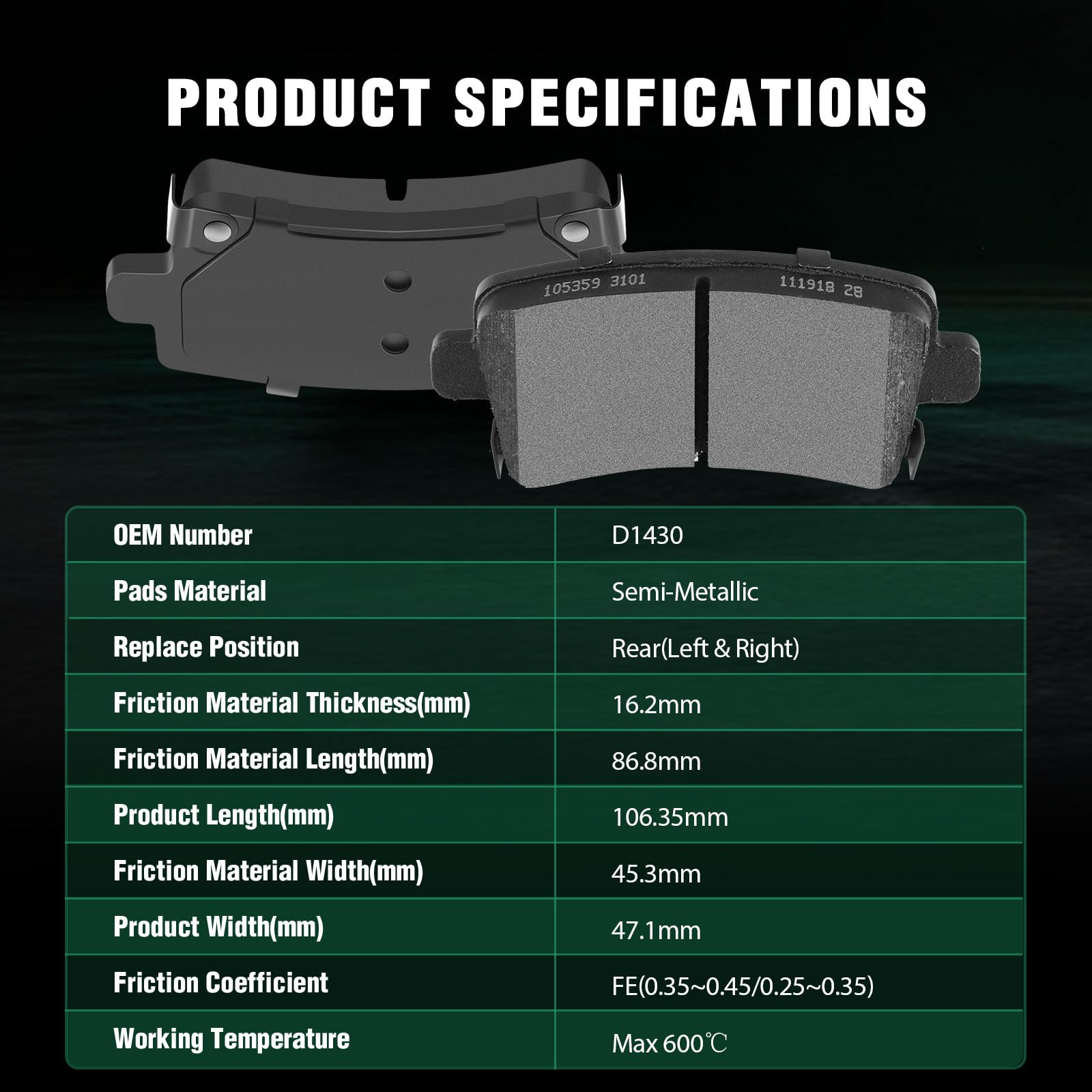 Automuto 4Pcs Rear Semi-Metallic Disc Brake Pads Set D1430 For Buick Allure Lacrosse Regal For Chevrolet Malibu Malibu Limited F