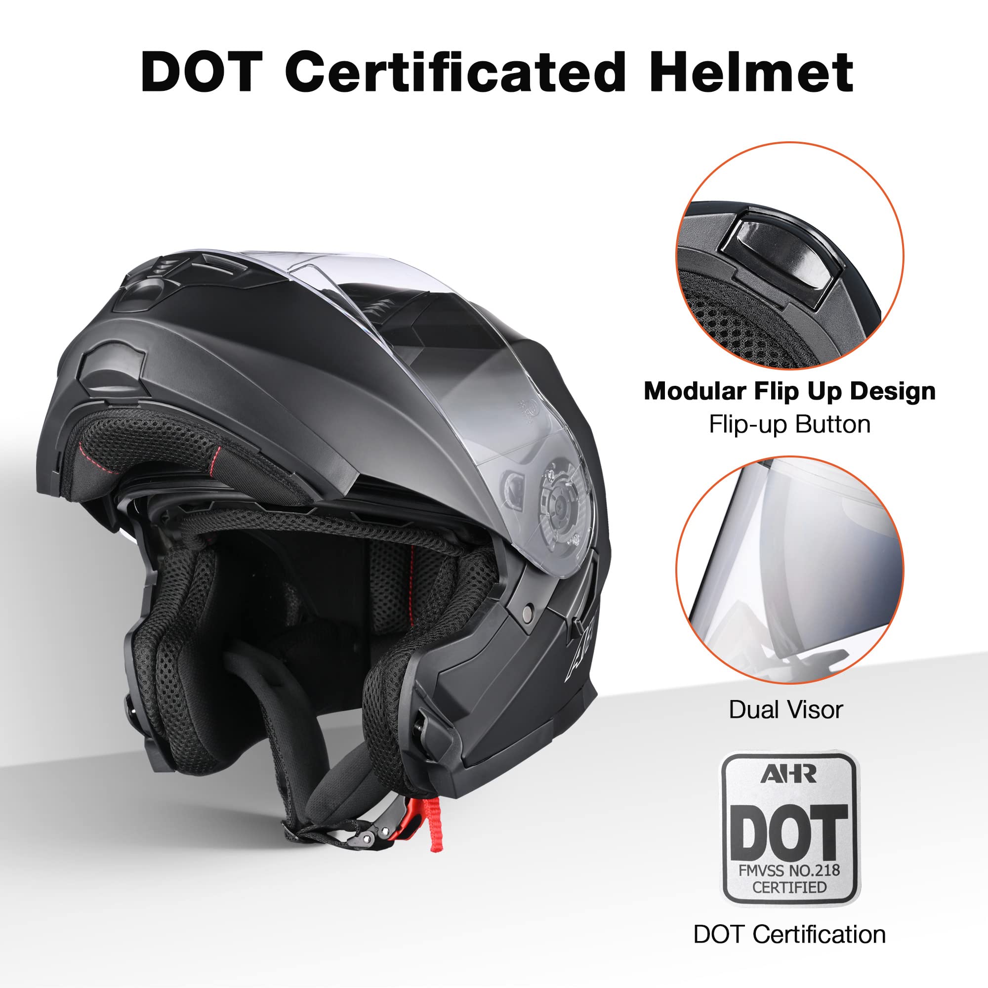 Ahr Motorcycle Helmet Dual Visor Modular Flip Up Full Face Helmet Dot Approved Helmet Run-M3 For Adult Motorbike Street Bike Moped Racing (Matte Black, S)