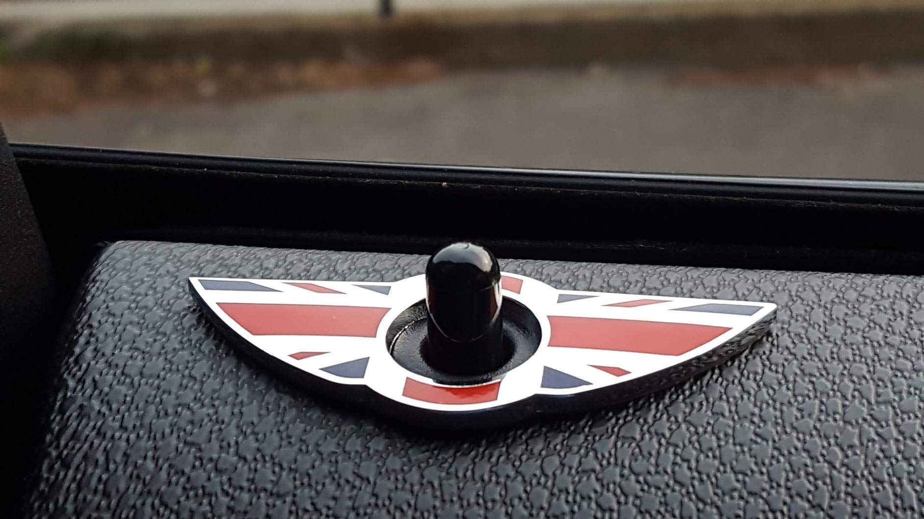 iJDMTOY (2) Union Jack Style Wing Emblem Rings Compatible with Mini Cooper R55 R56 R57 R58 R59 Door Lock Knobs, Red/Blue UK Flag Design (Does not fit R60 R61 nor F55 F56 Models)