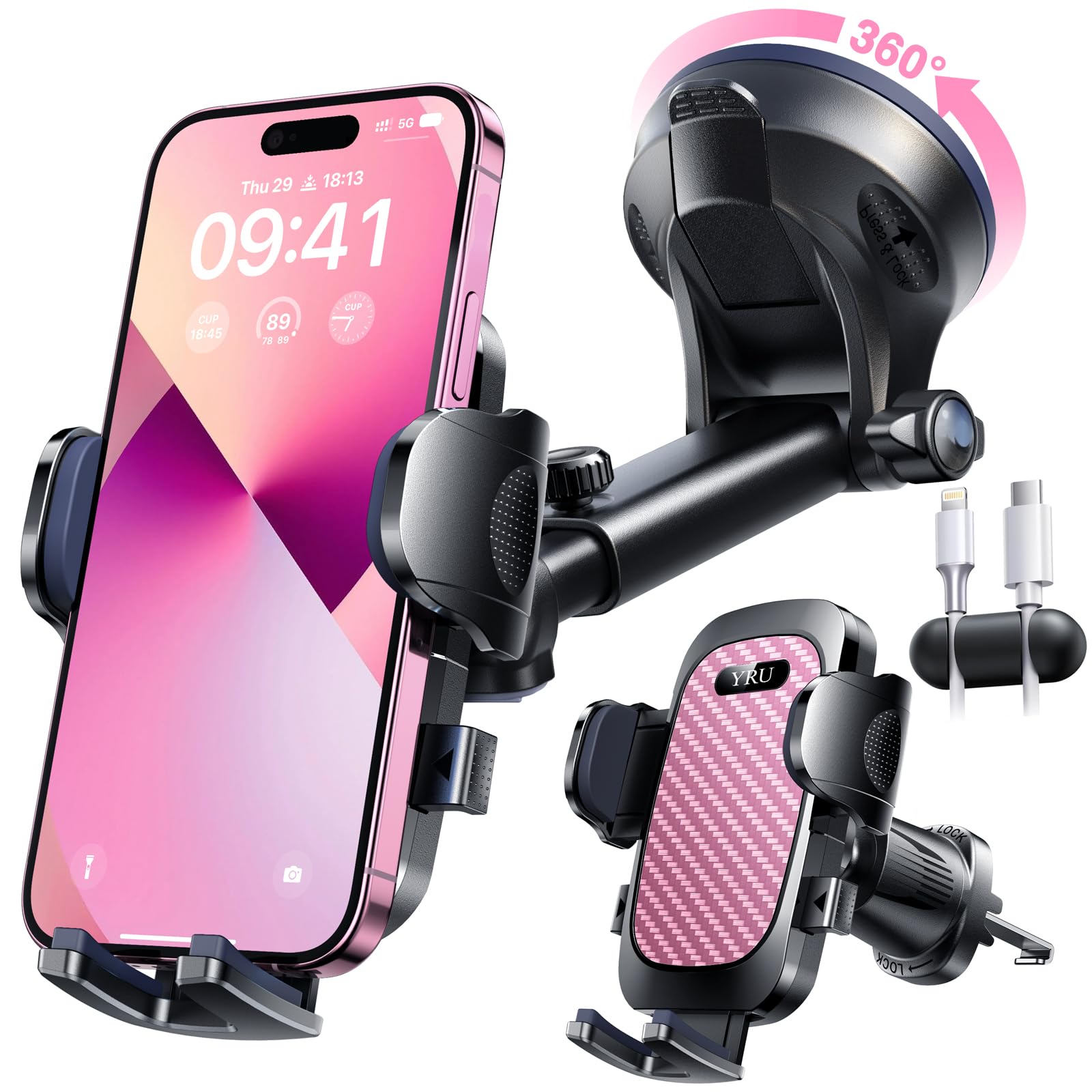 Yru [True Military-Grade 360 Degrees Rotatable Suction] 2025 Ultimate Car Phone Holder Mount 90+Lbs Safest Strongest Patent Cert
