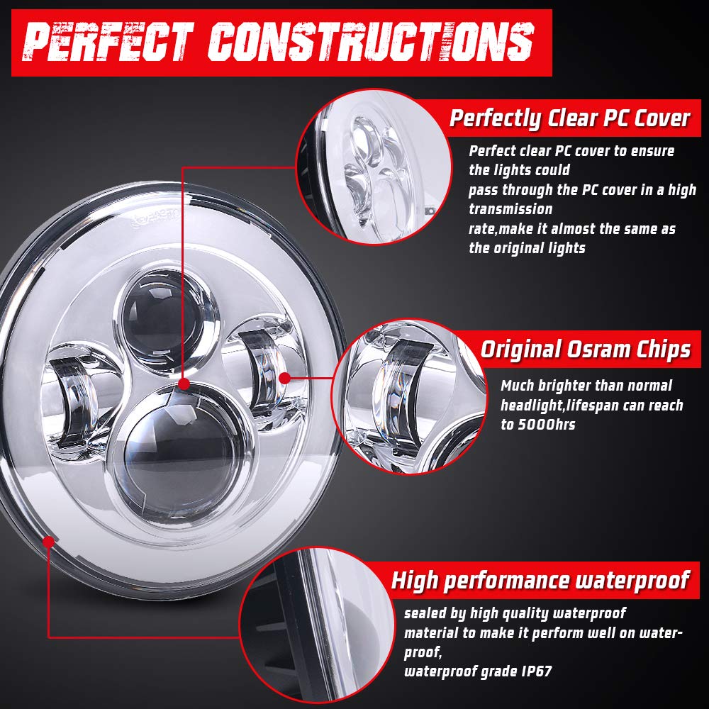 Tugwuetlwu 7 Inch Led Motorcycle Headlight Compatible With Harley Davidson Street Glide Road King Electra Glide Fat Boy Heritage Softail Deluxe Ultra Limited Classic Switchback Projector Led Headlamp