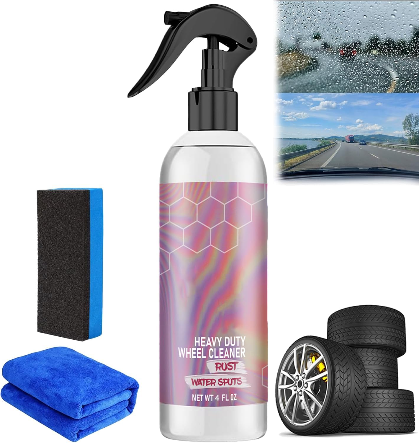 Glass Cleaner, Heavy-Duty Wheel Cleaner, Wheel and Tire Cleaner Multi Purpose, Powerful Water Spot Remover for Cars, Easily Remo